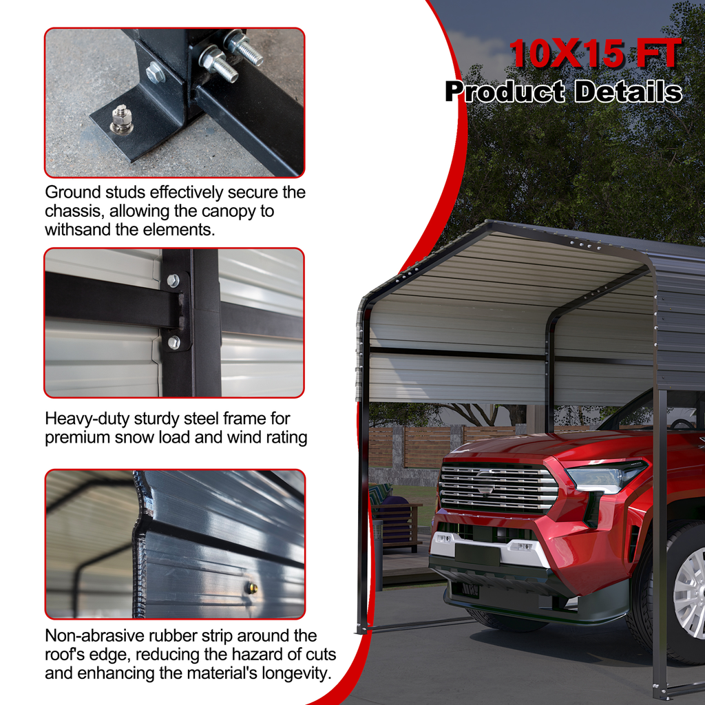 x ft gray metal carport with a red truck parked inside showing its durable frame