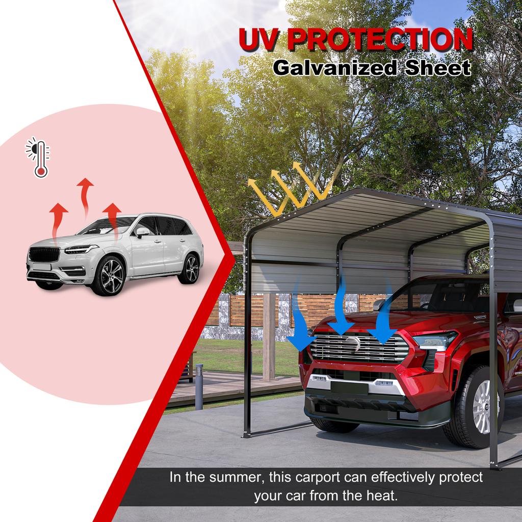 Galvanized steel carport with UV protection shielding a red SUV from the sun