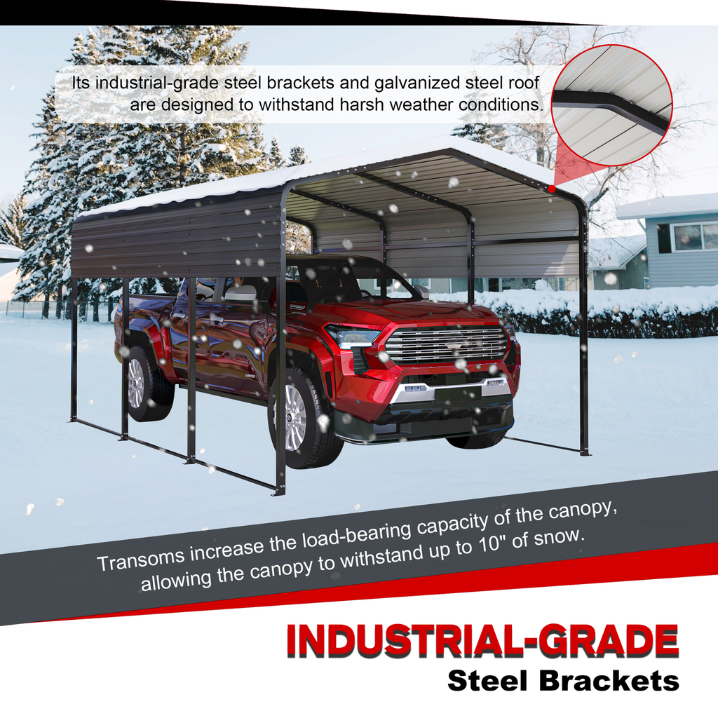 Carport with galvanized steel roof protecting a red truck from snow