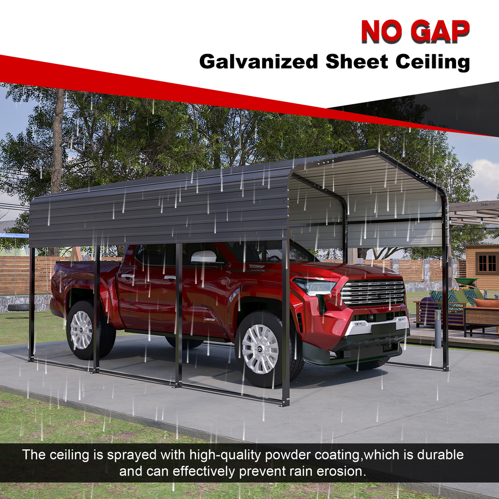 Dark gray galvanized sheet ceiling protects a red pickup truck from rain