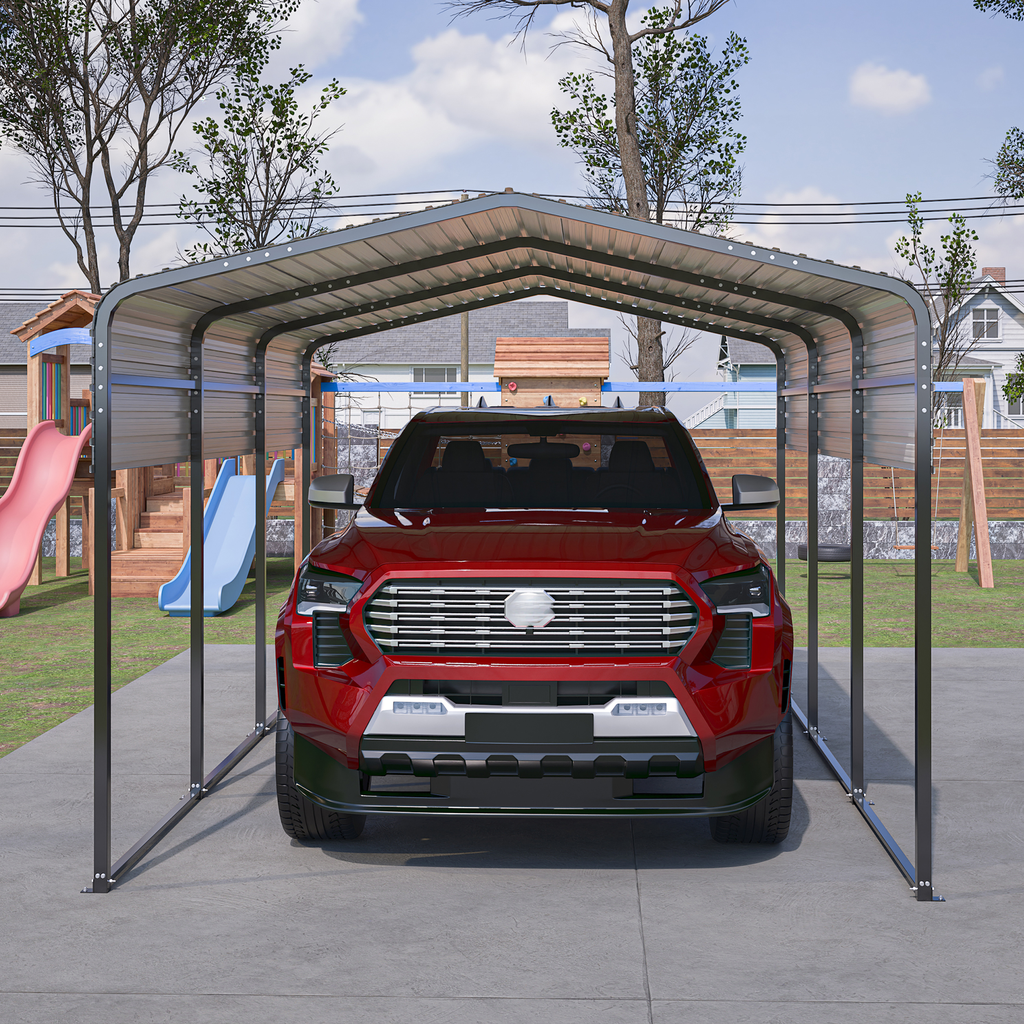 Red truck parked under a grey metal carport providing vehicle shelter