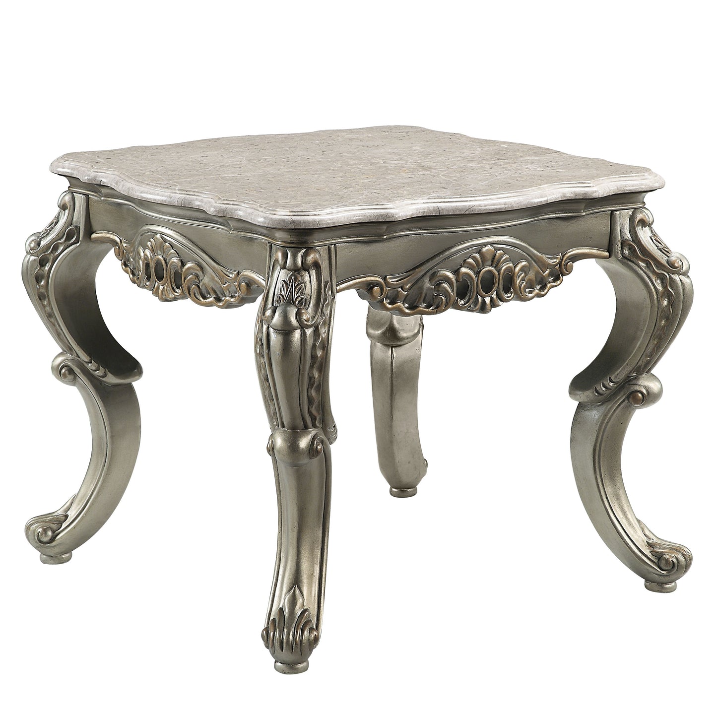 Antique silver end table with ornate cabriole legs and marble top