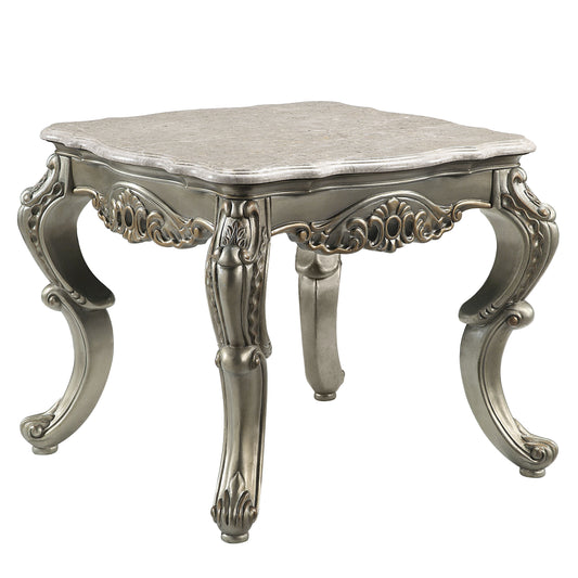 Antique silver end table with ornate cabriole legs and marble top