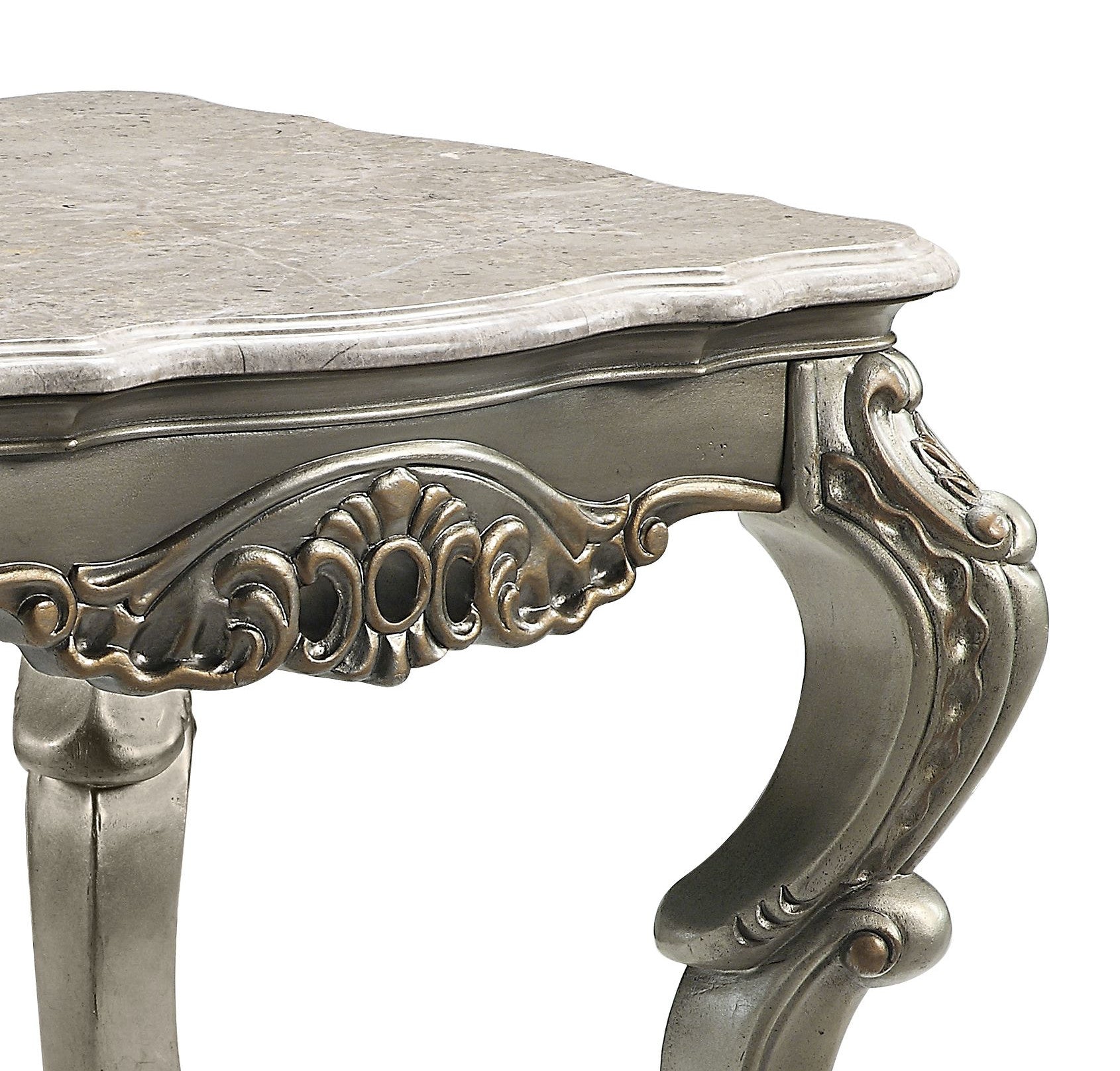 Ornate antique side table with marble top and silver finish