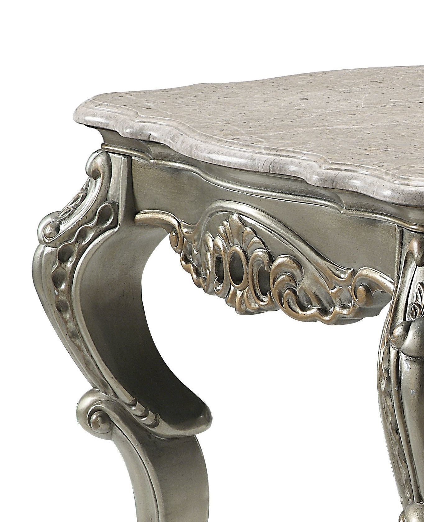 Ornate antique console table with marble top and silver carved legs