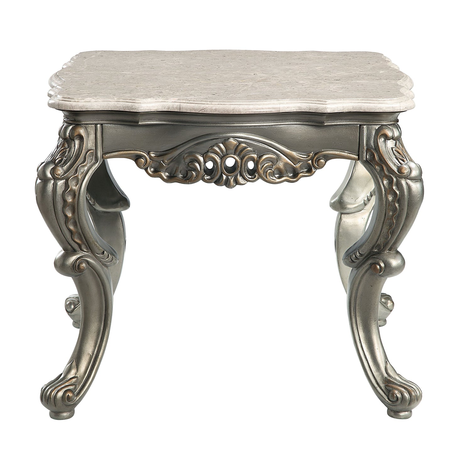 Elegant antique side table with faux marble top and ornate silver metal base