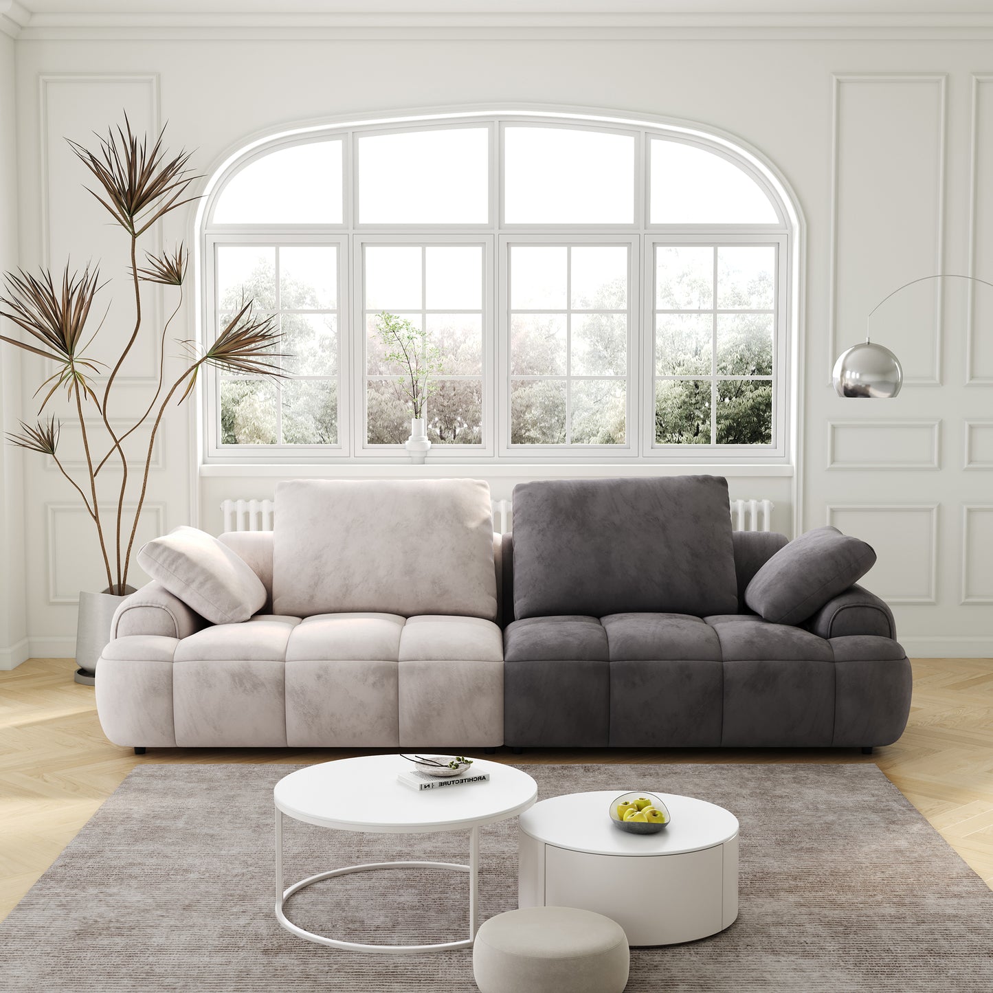 Twotone sectional sofa dove grey and light beige with tufted cushions for modern living