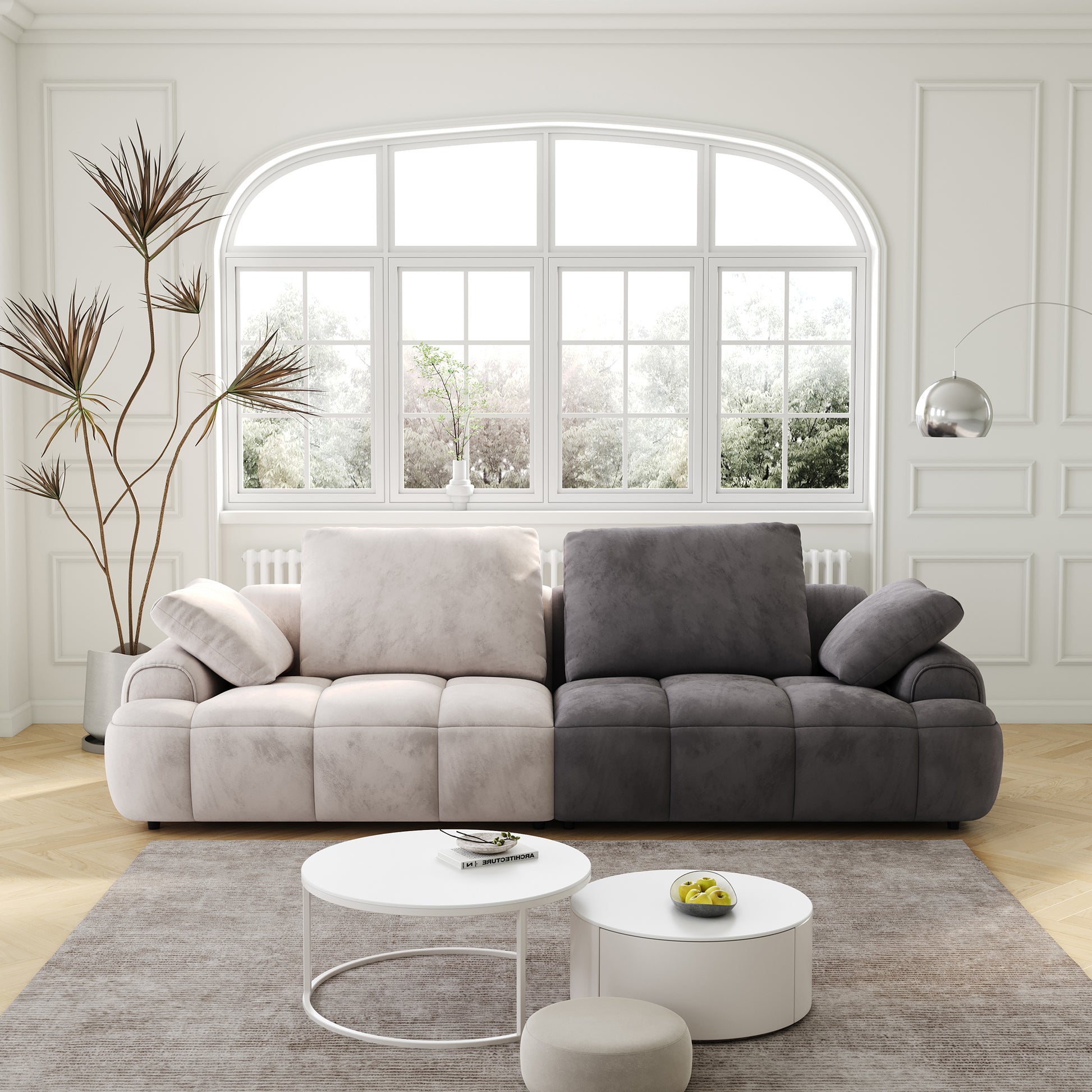 Twotone sectional sofa dove grey and light beige with tufted cushions for modern living