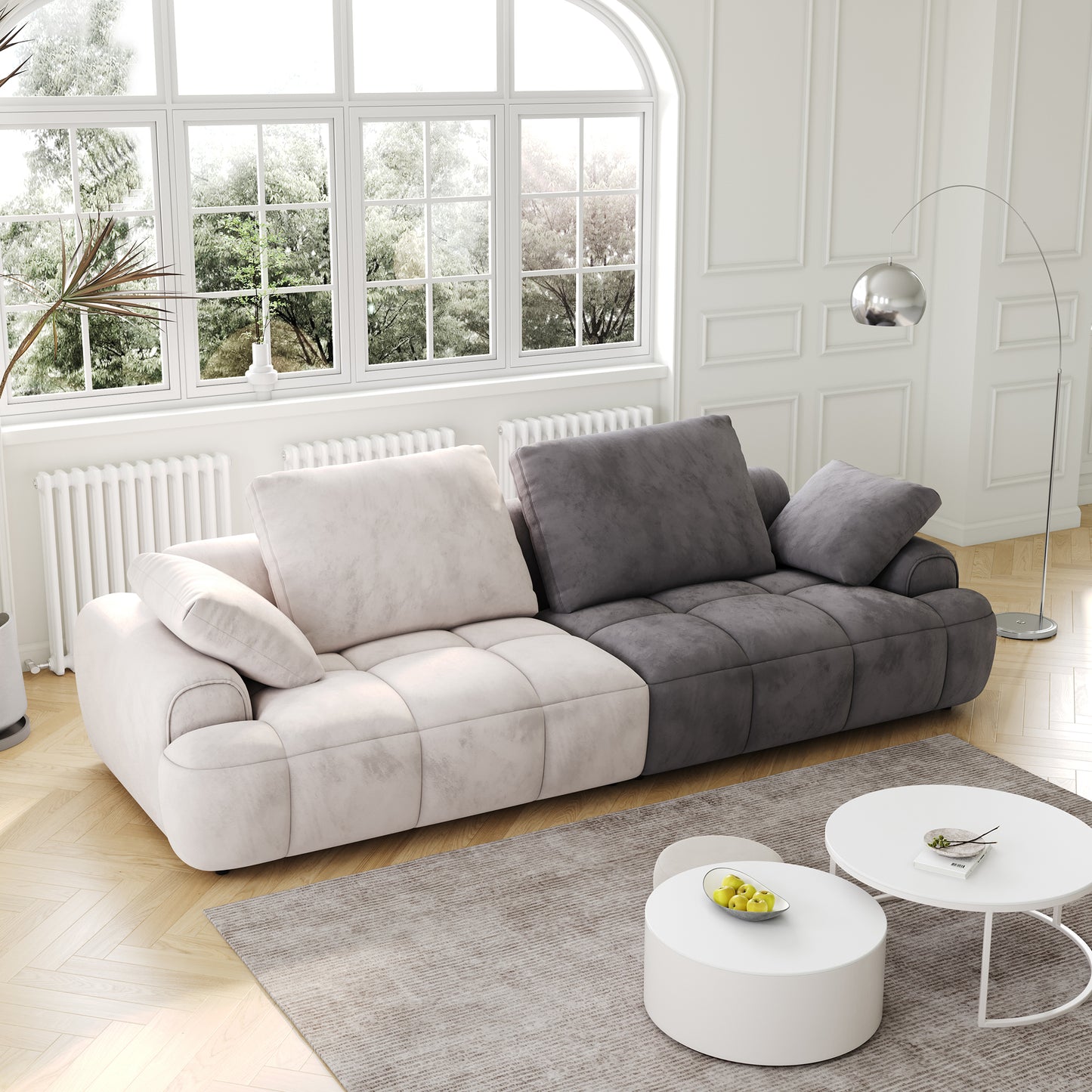 Plush sectional sofa with cream and charcoal grey fabric perfect for modern living rooms