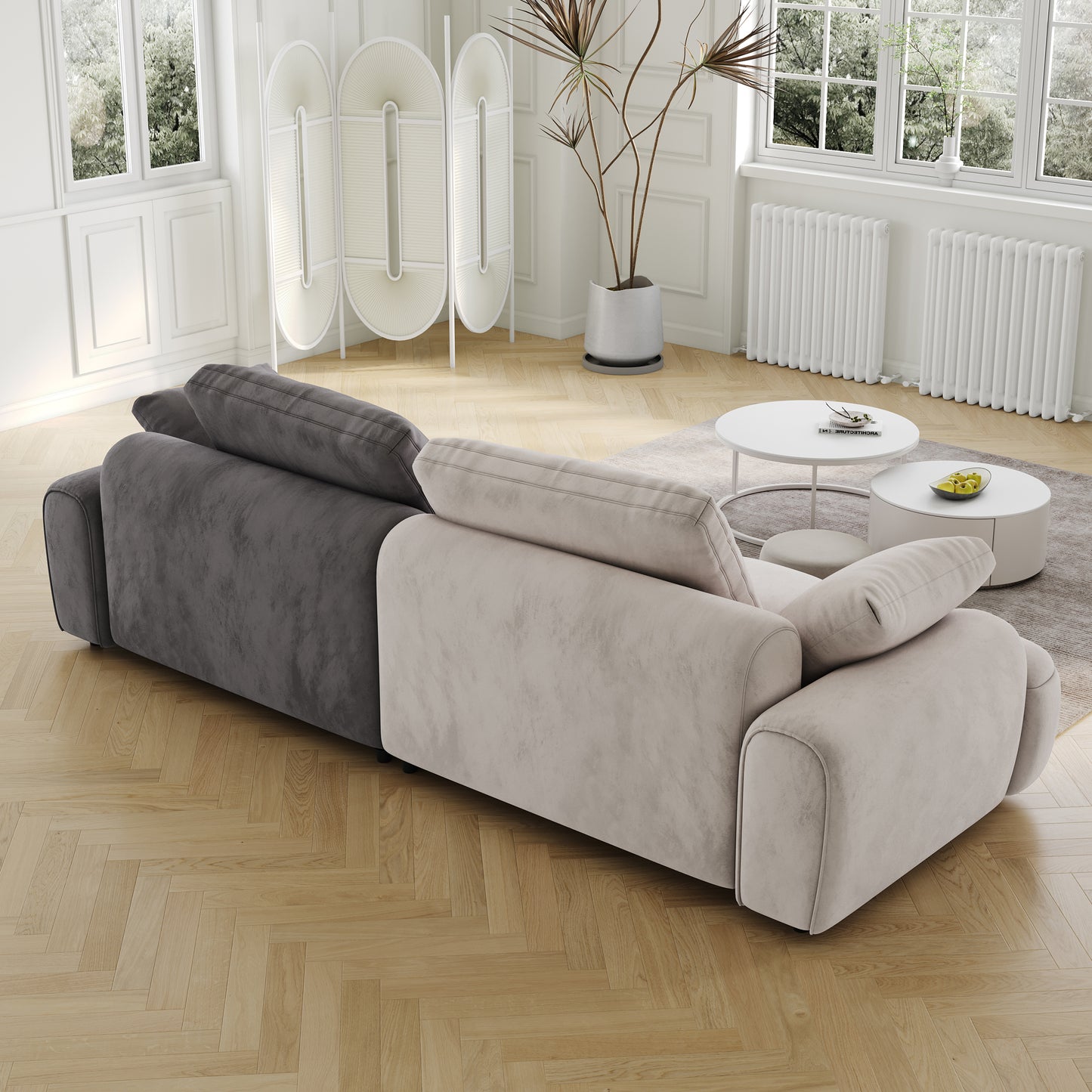 Plush sectional sofa in charcoal grey and light beige perfect for modern living rooms