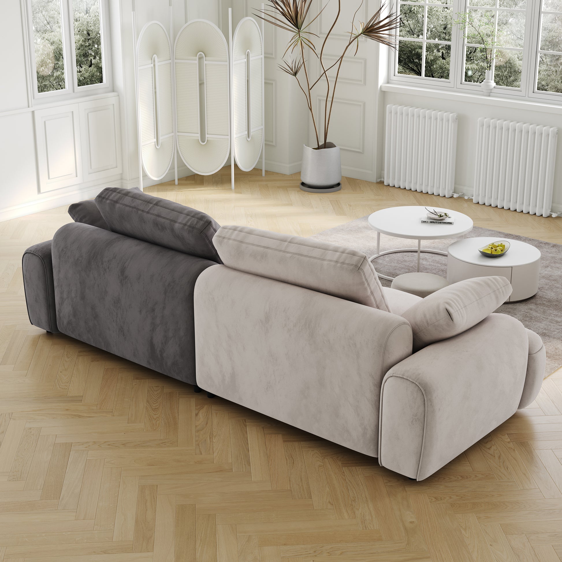 Plush sectional sofa in charcoal grey and light beige perfect for modern living rooms