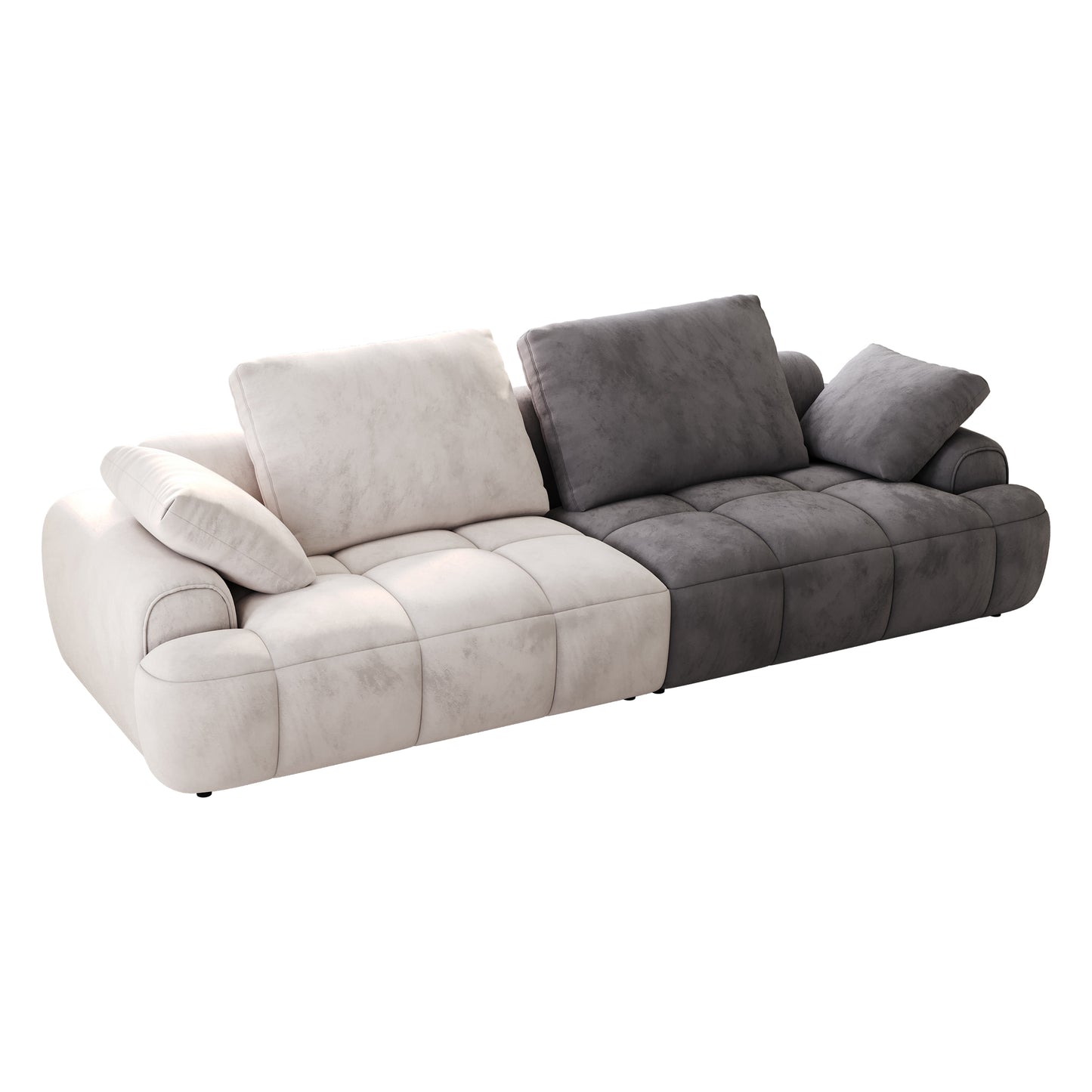 Modern sectional sofa in beige and dark gray velvet upholstery featuring plush cushions and a sleek design