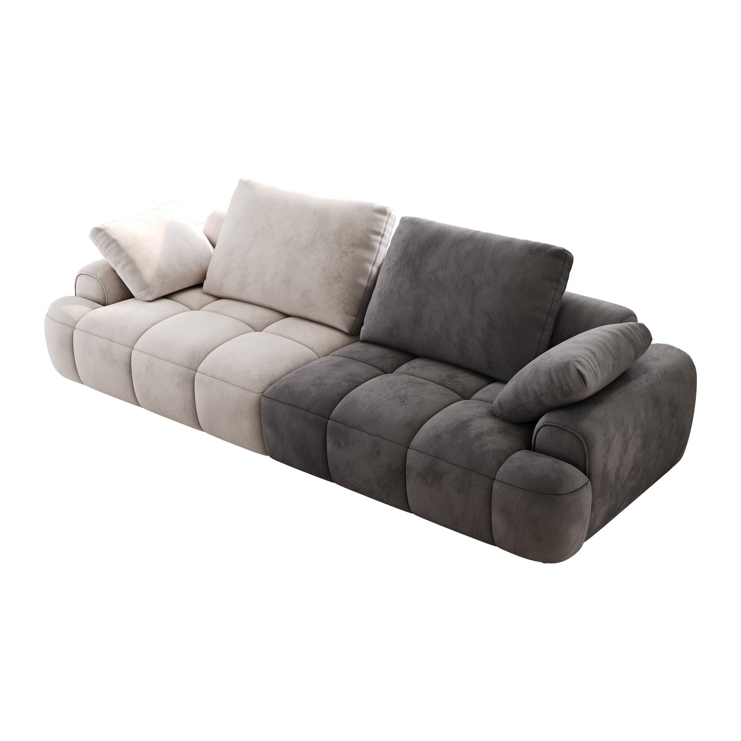 Modern twotone modular sofa in beige and charcoal grey velvet upholstery