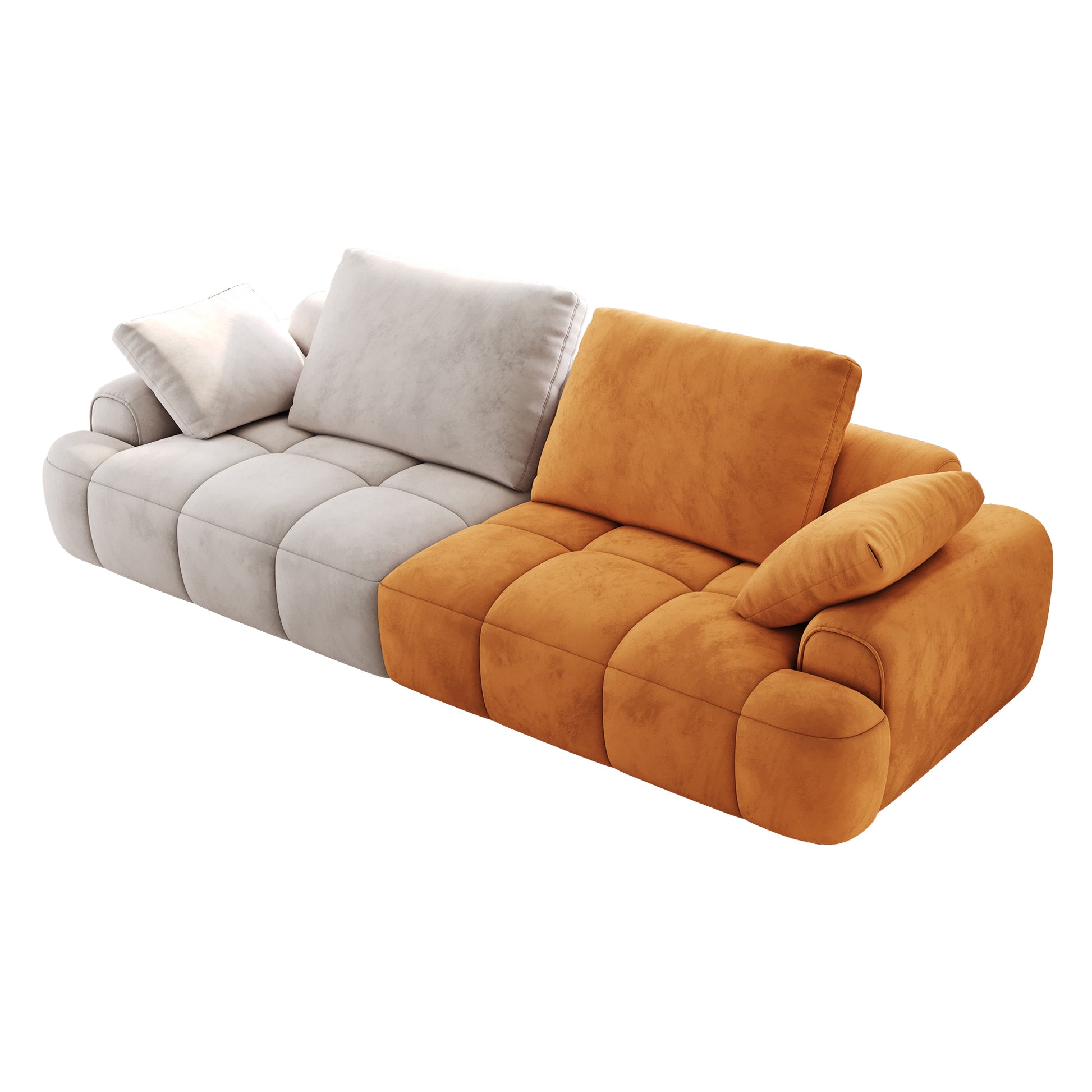 Tufted beige and orange velvet modern sectional sofa with plush cushions for living room comfort