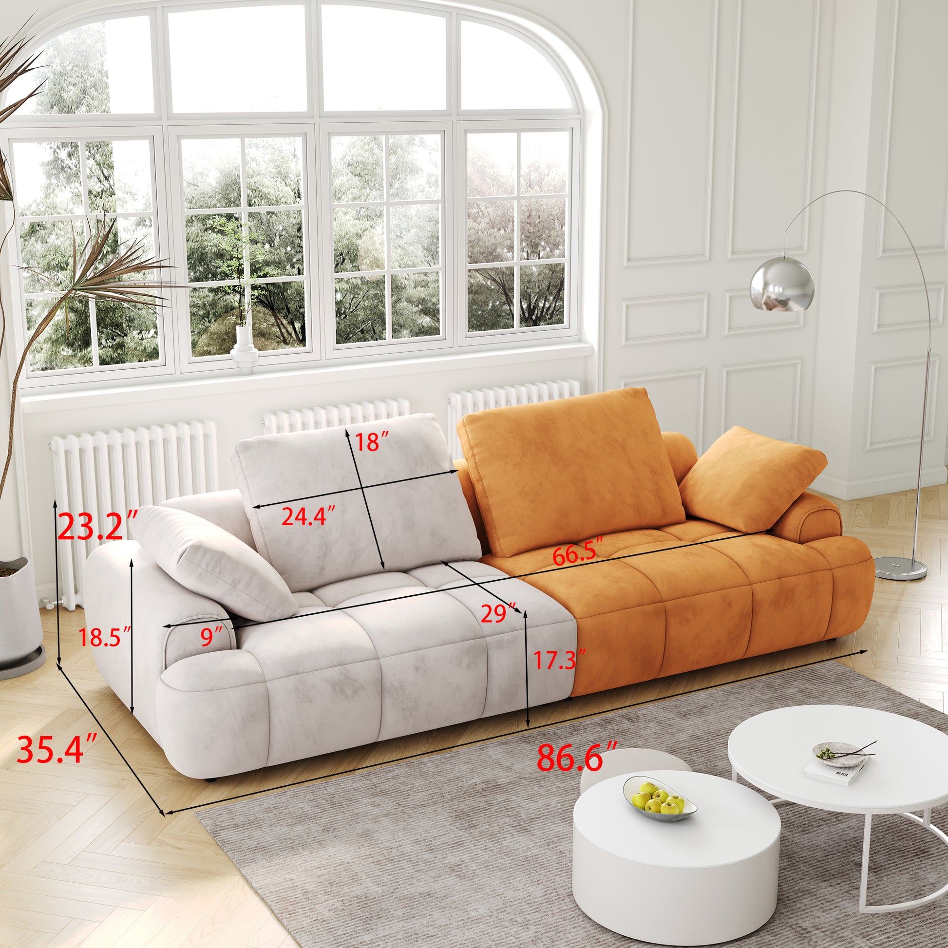 Plush modular sectional sofa with cream and burnt orange cushions perfect for a modern living room