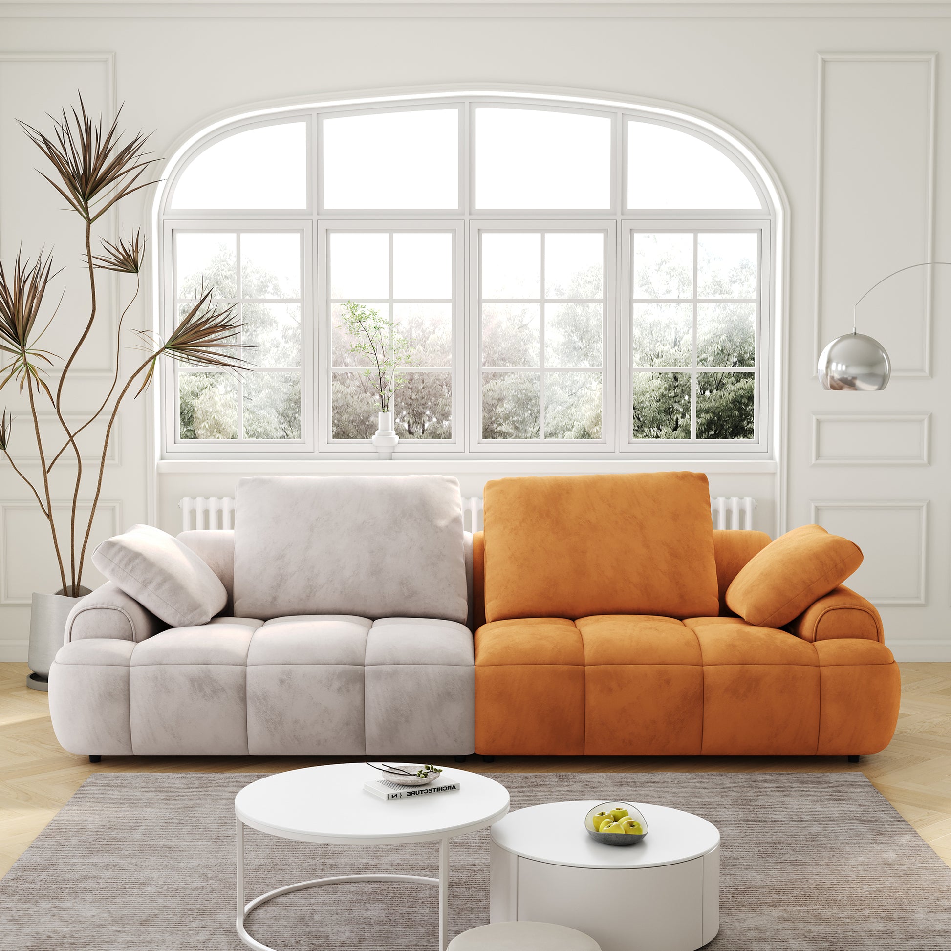 Modern twotone sectional sofa cream and burnt orange velvet upholstery ideal for living rooms