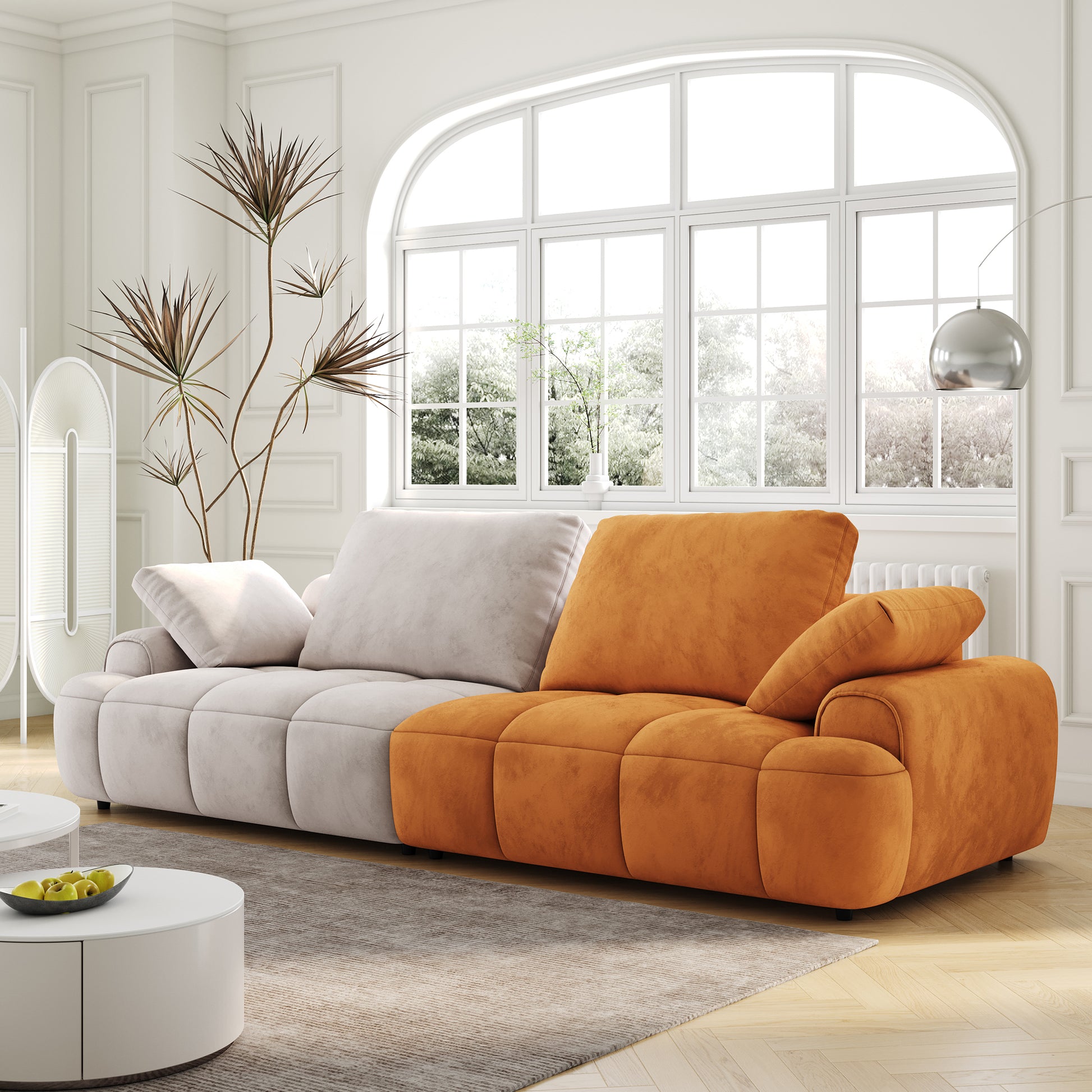 Plush orange and grey sectional sofa with deep seats and soft cushions