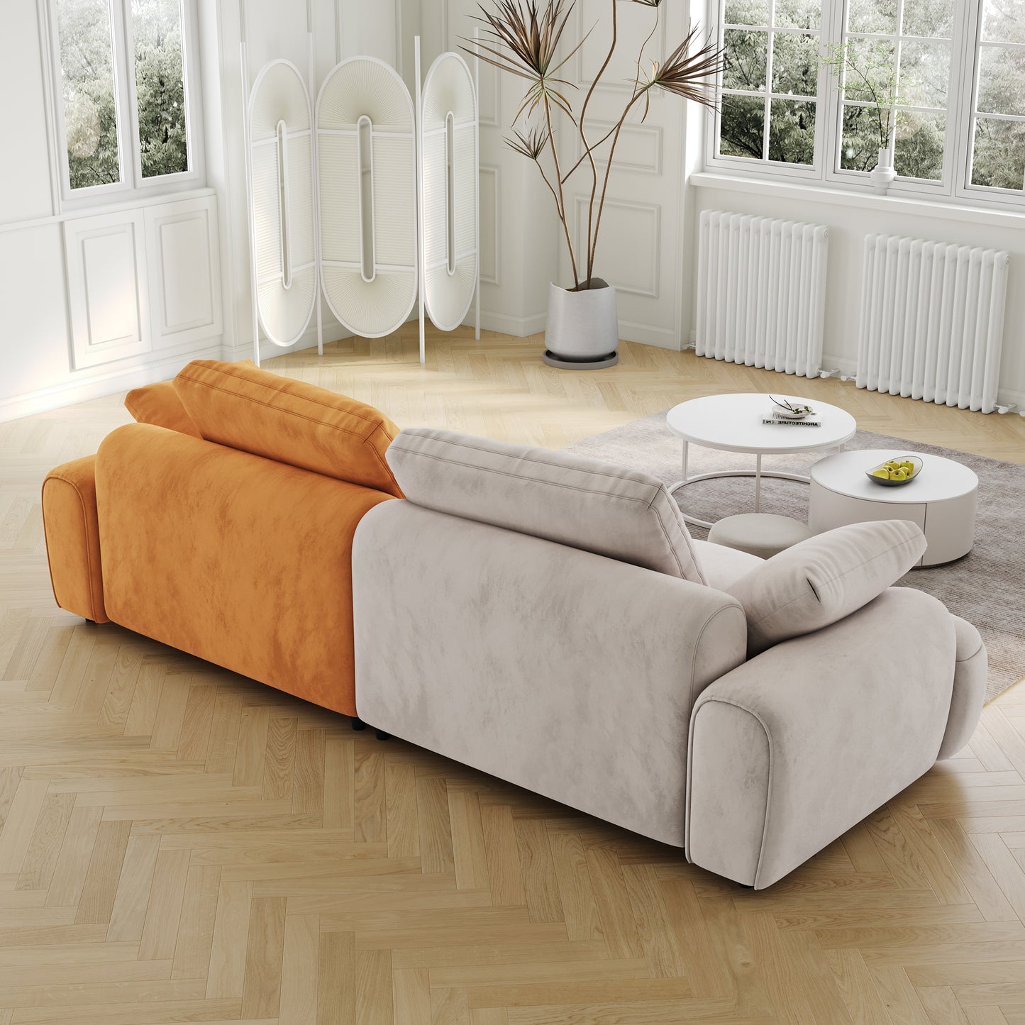 Plush sectional sofa with orange and beige upholstered sections perfect for living room comfort