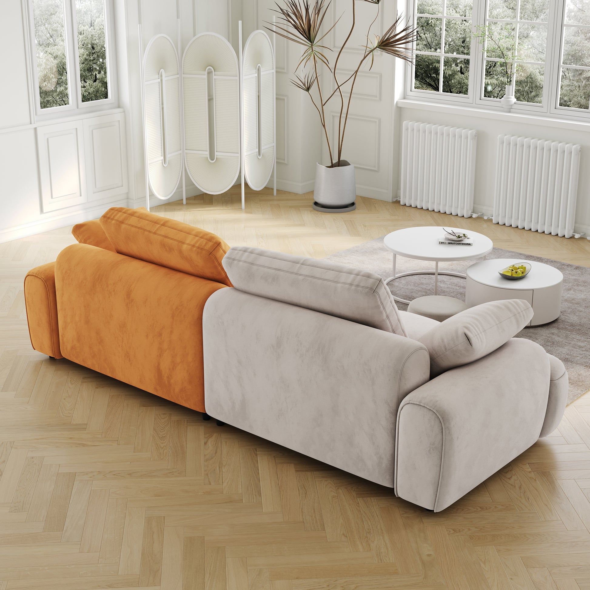 Plush sectional sofa with orange and beige upholstered sections perfect for living room comfort