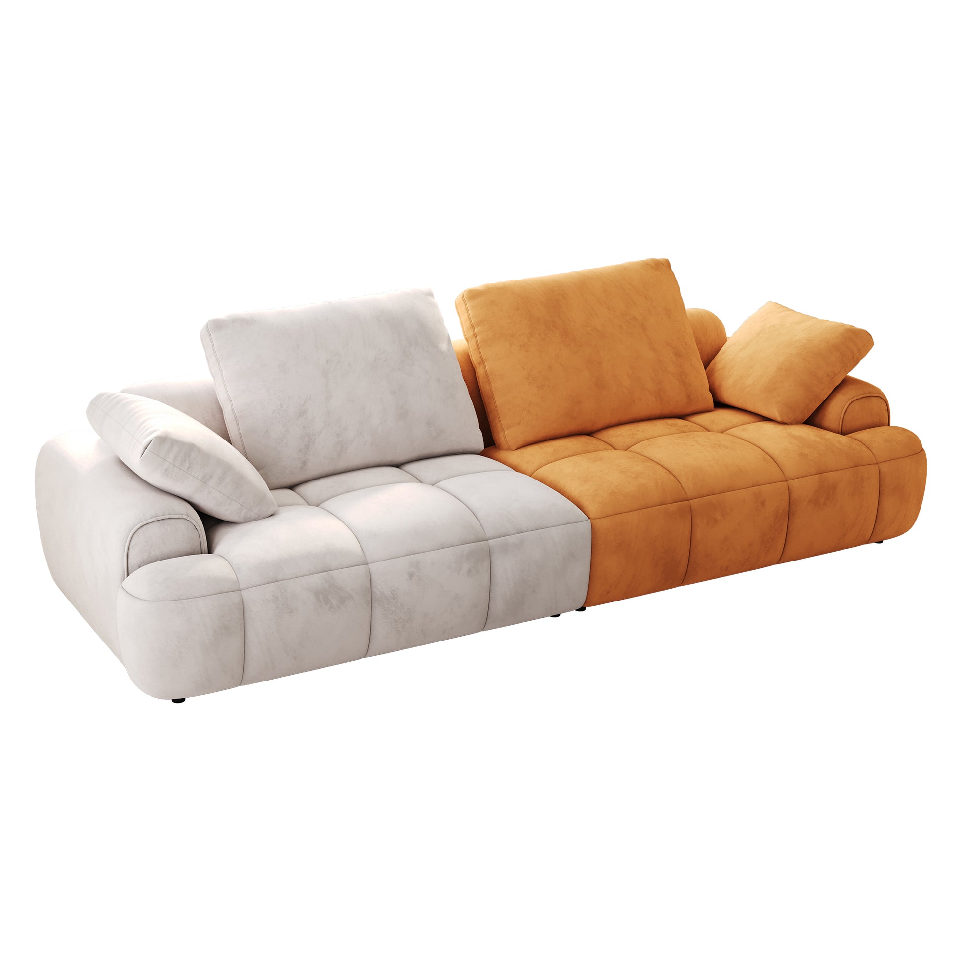 Modern sectional sofa with two tone upholstery in offwhite and burnt orange plush cushions