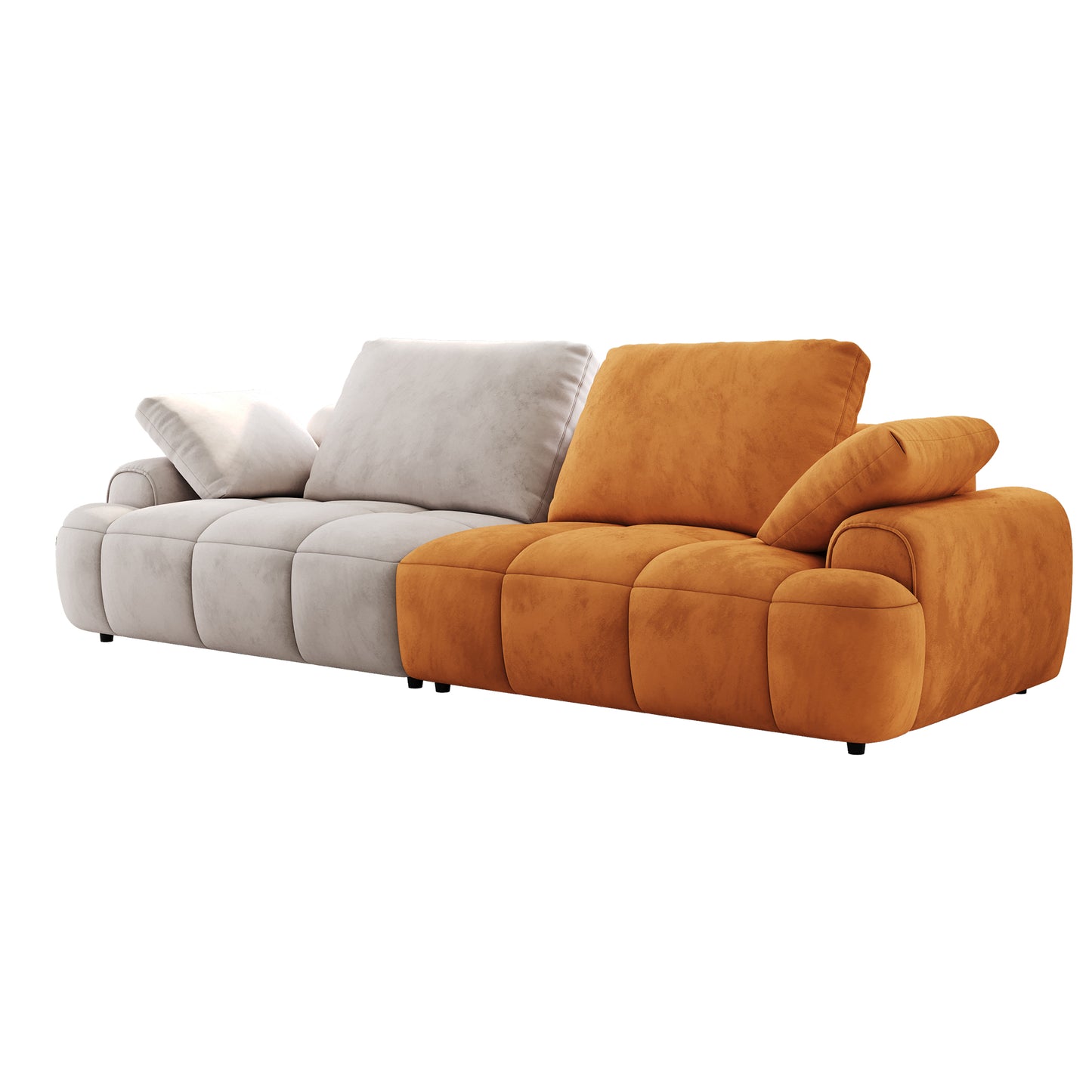 Modern twotone modular sofa with plush grey and burnt orange velvet upholstery