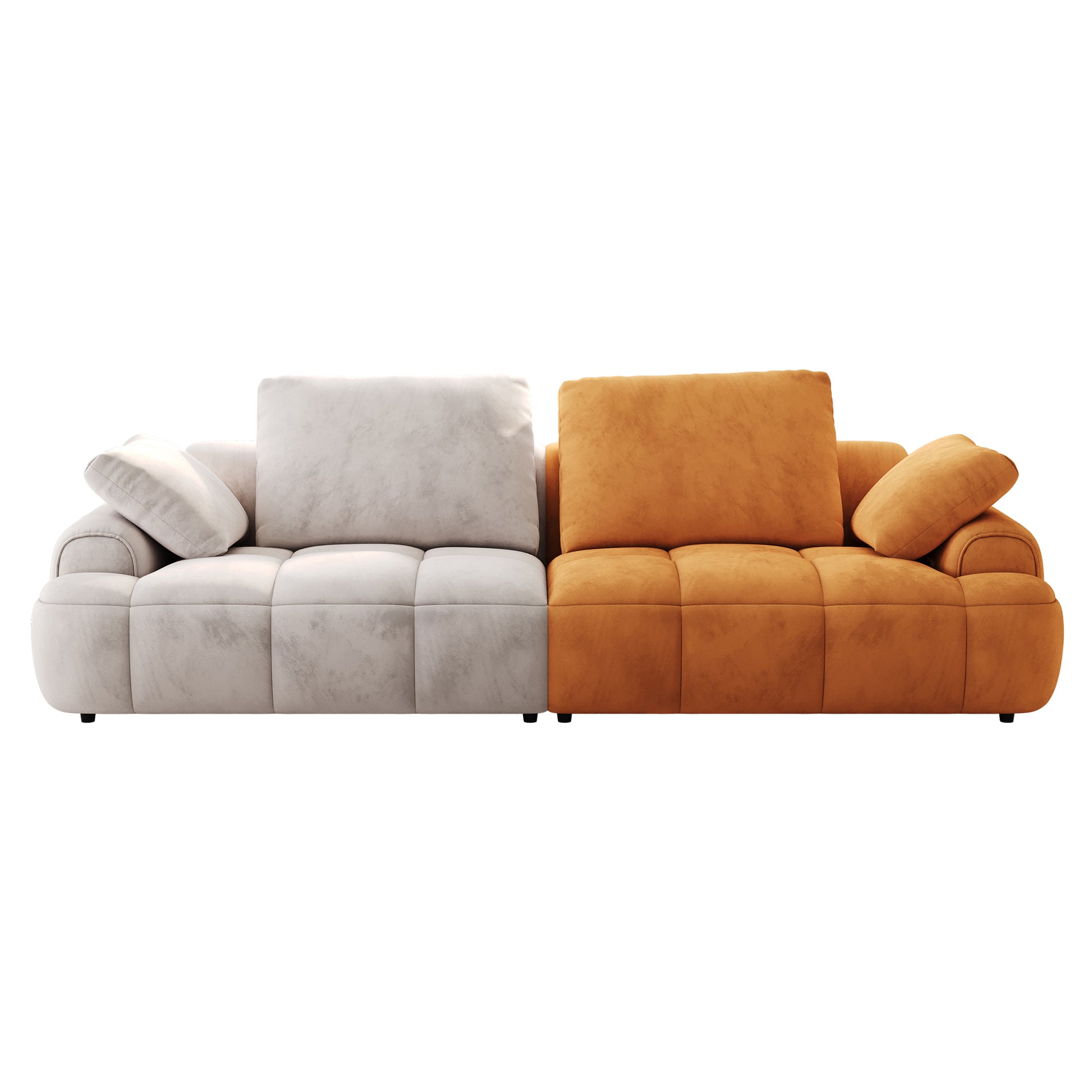 Modern modular sofa with reversible chaise in grey and burnt orange velvet upholstery