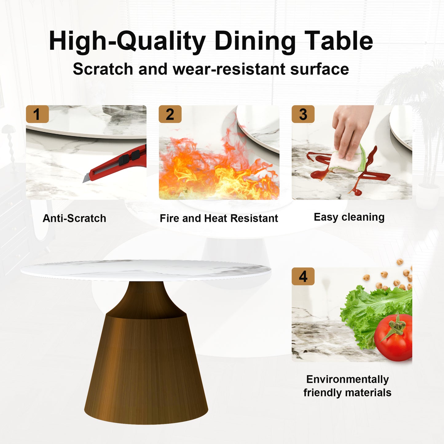 Modern dining table with a white marblelook top and bronze pedestal base