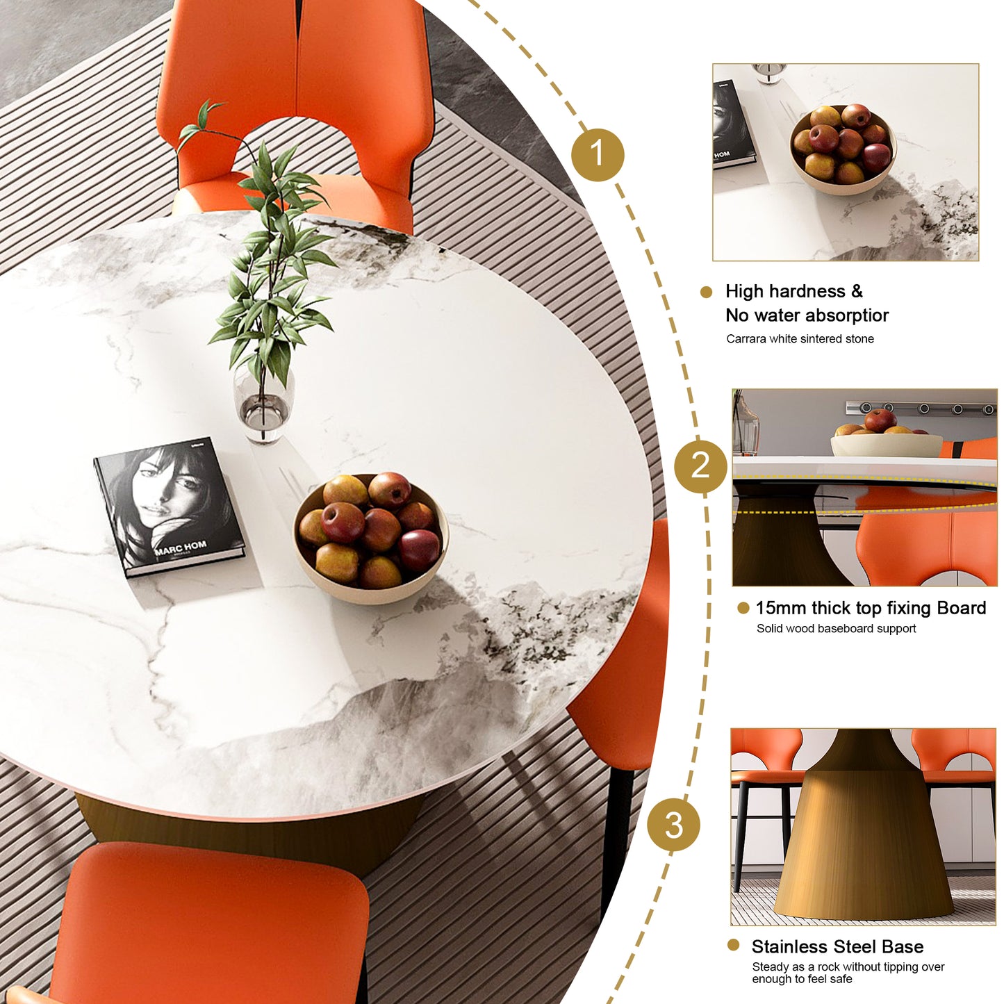Round marble dining table with orange chairs featuring a Carrara white sintered stone top