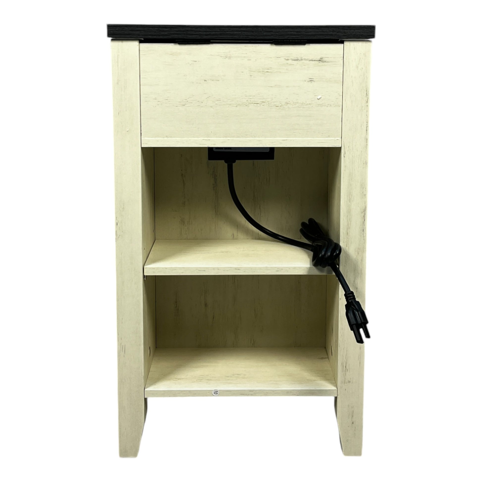 Distressed cream wood nightstand with black top and open shelves featuring integrated power outlet