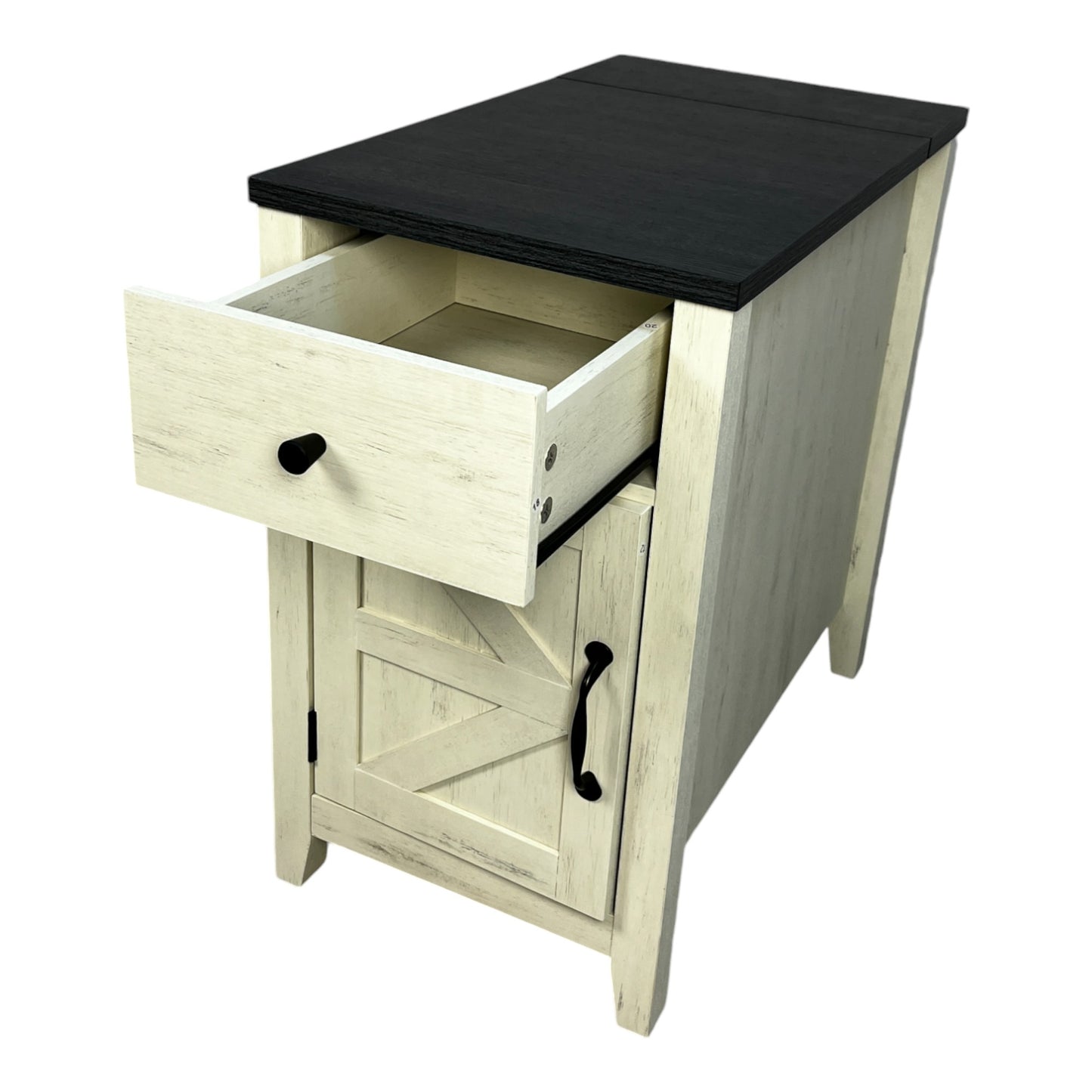 Rustic white end table with drawer open and black wood top
