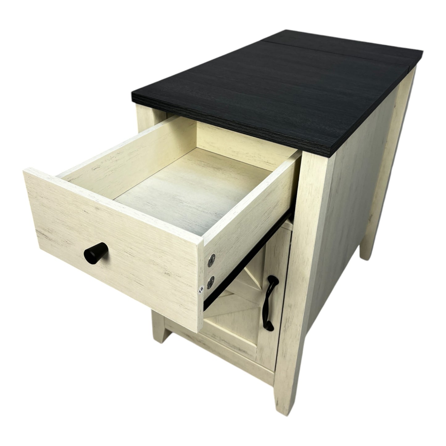 Cream distressed wood end table with open drawer and black top