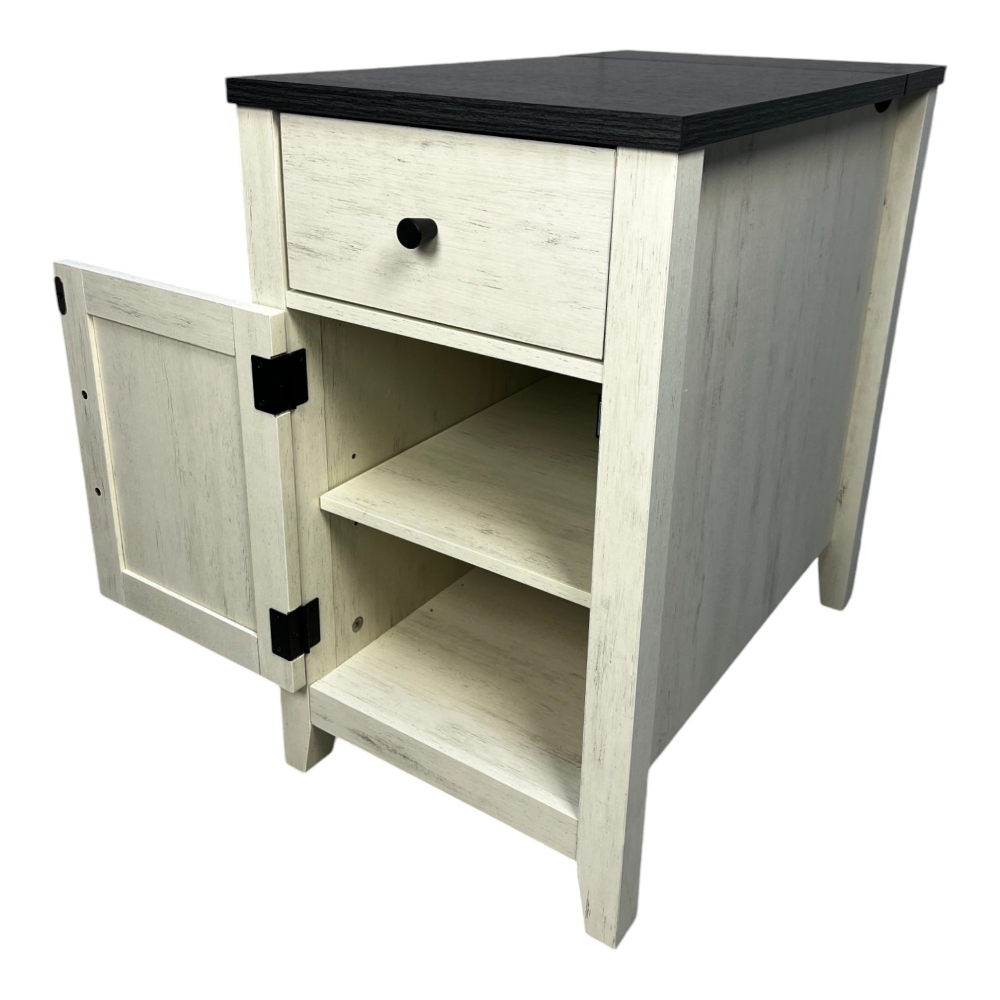 Rustic white bedside table with black top and open cabinet door