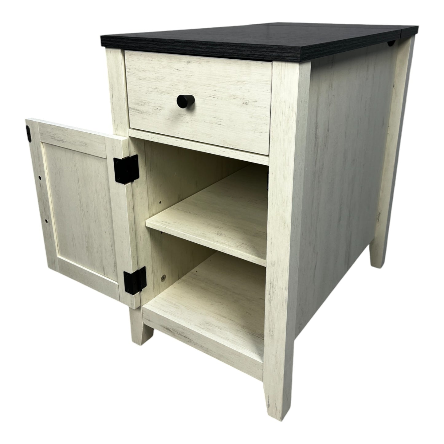 Distressed white nightstand with one drawer and open cabinet on the left