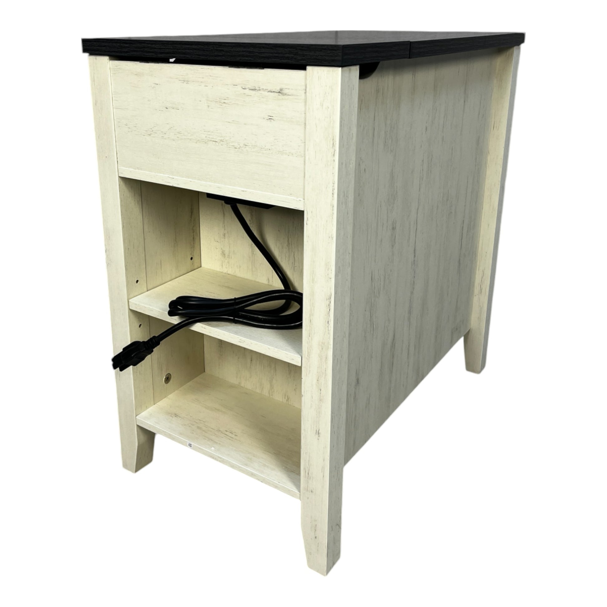 Distressed ivory wood end table with black top and power cord access