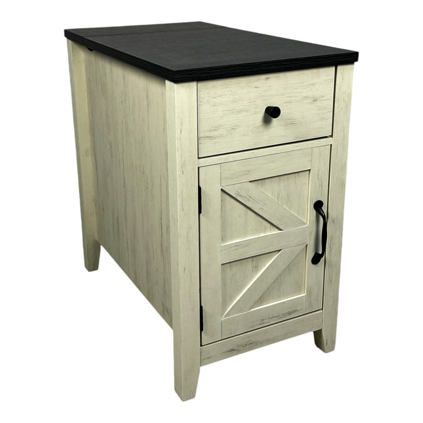 Distressed white farmhouse accent cabinet with black top and barn door style panel
