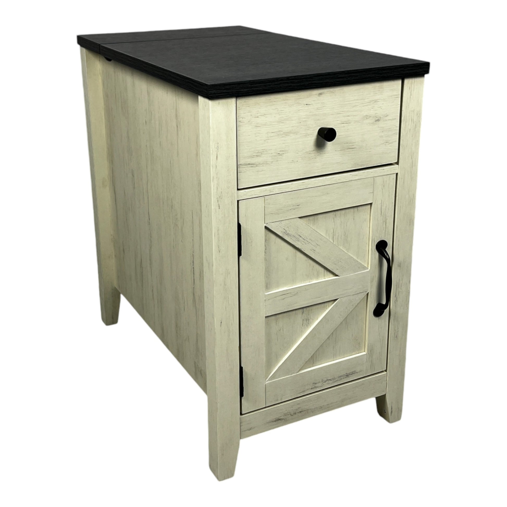 Distressed white farmhouse accent cabinet with black top and barn door style panel