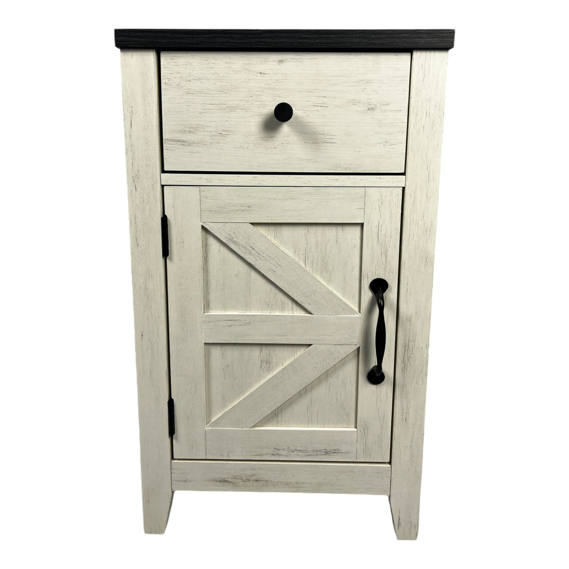 White distressed wood nightstand with black barn door accent and drawer