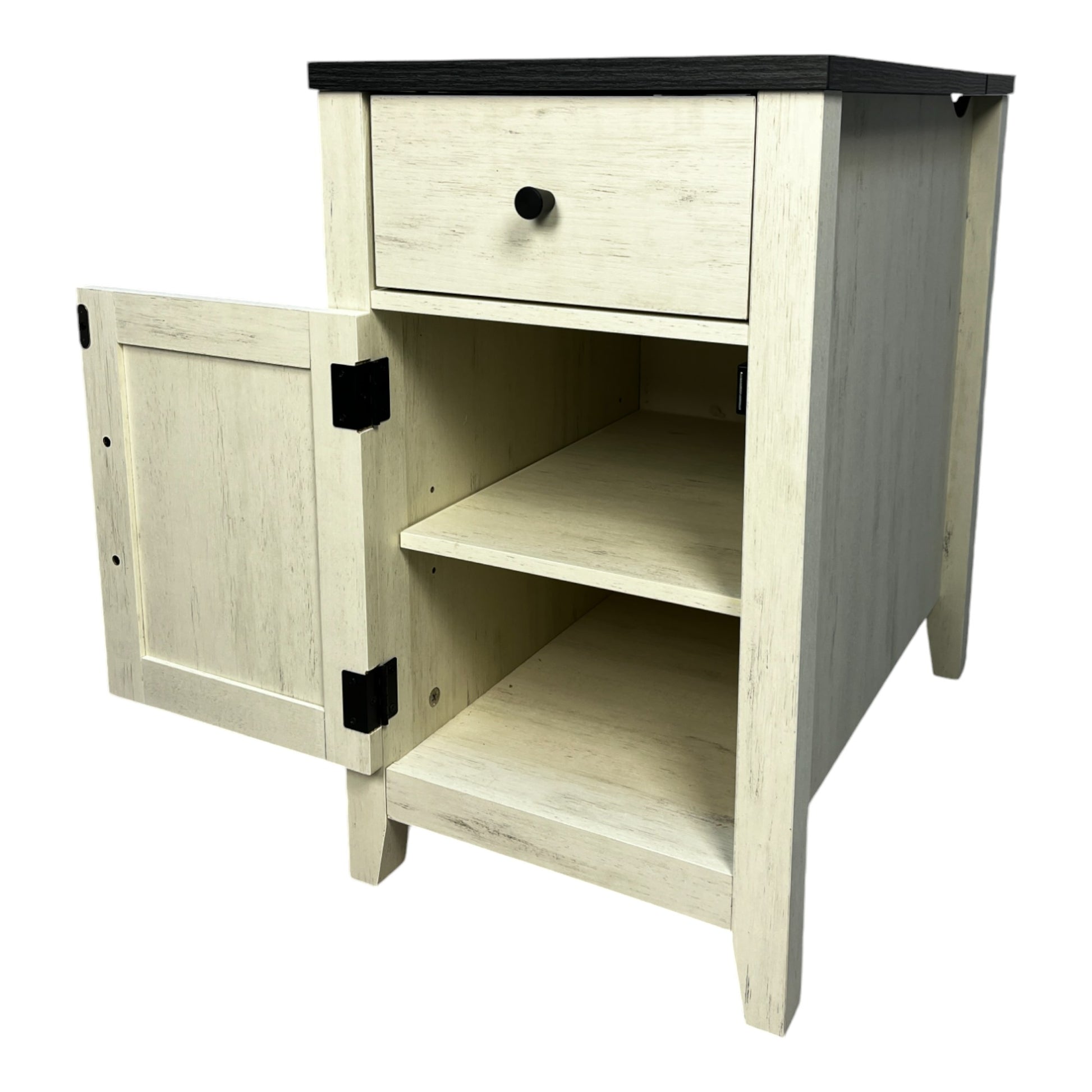 Distressed cream wood bedside table with one drawer and open cabinet