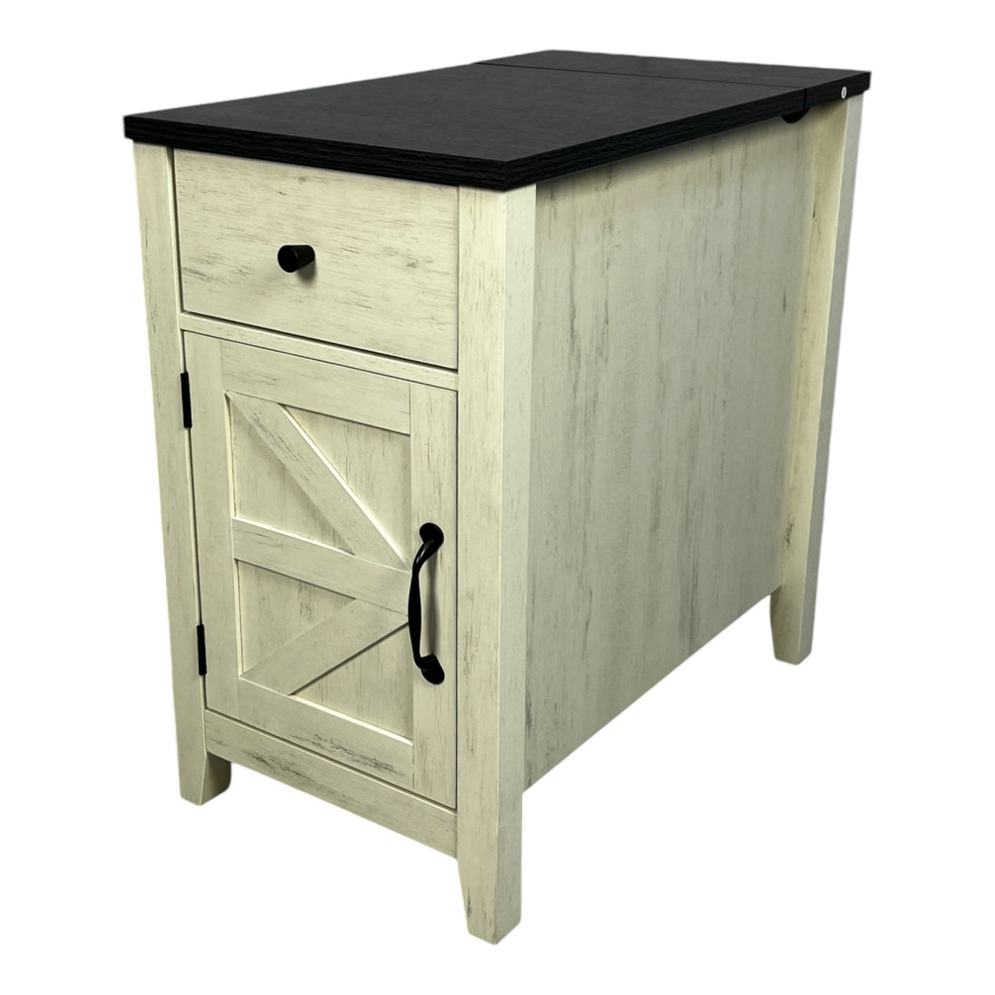Distressed white farmhouse accent cabinet with black top and barn door style