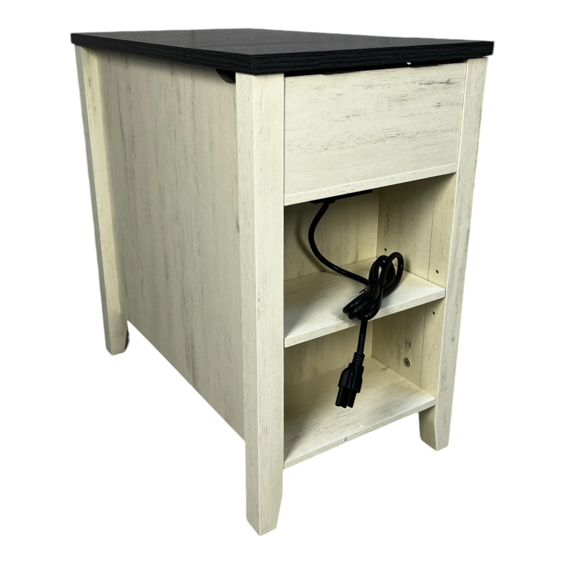Distressed cream wood nightstand with black top and open shelf