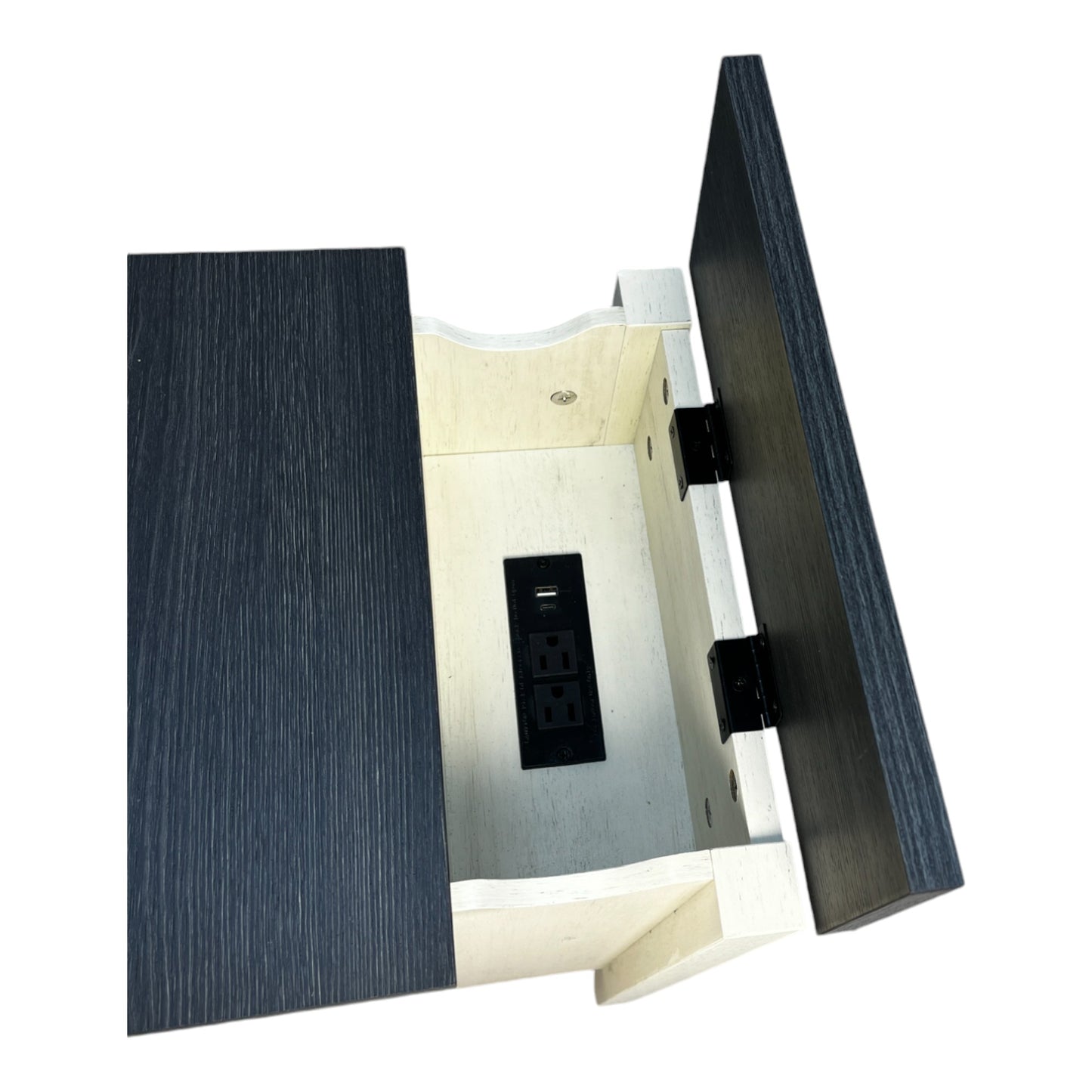 Black wood grain charging station with dual outlets and USB ports