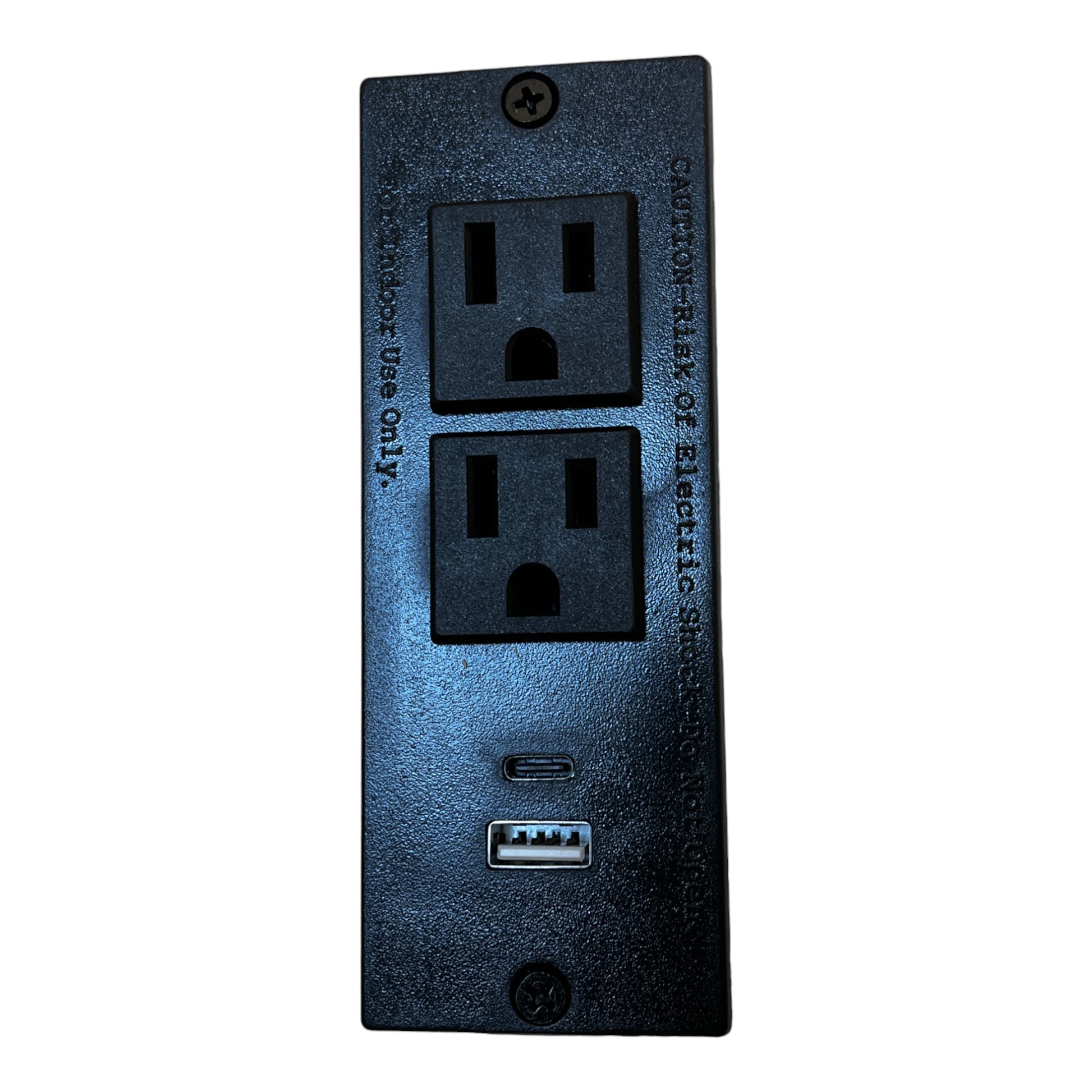 Black wall plate with two AC outlets one USBA port and one USBC port for charging devices