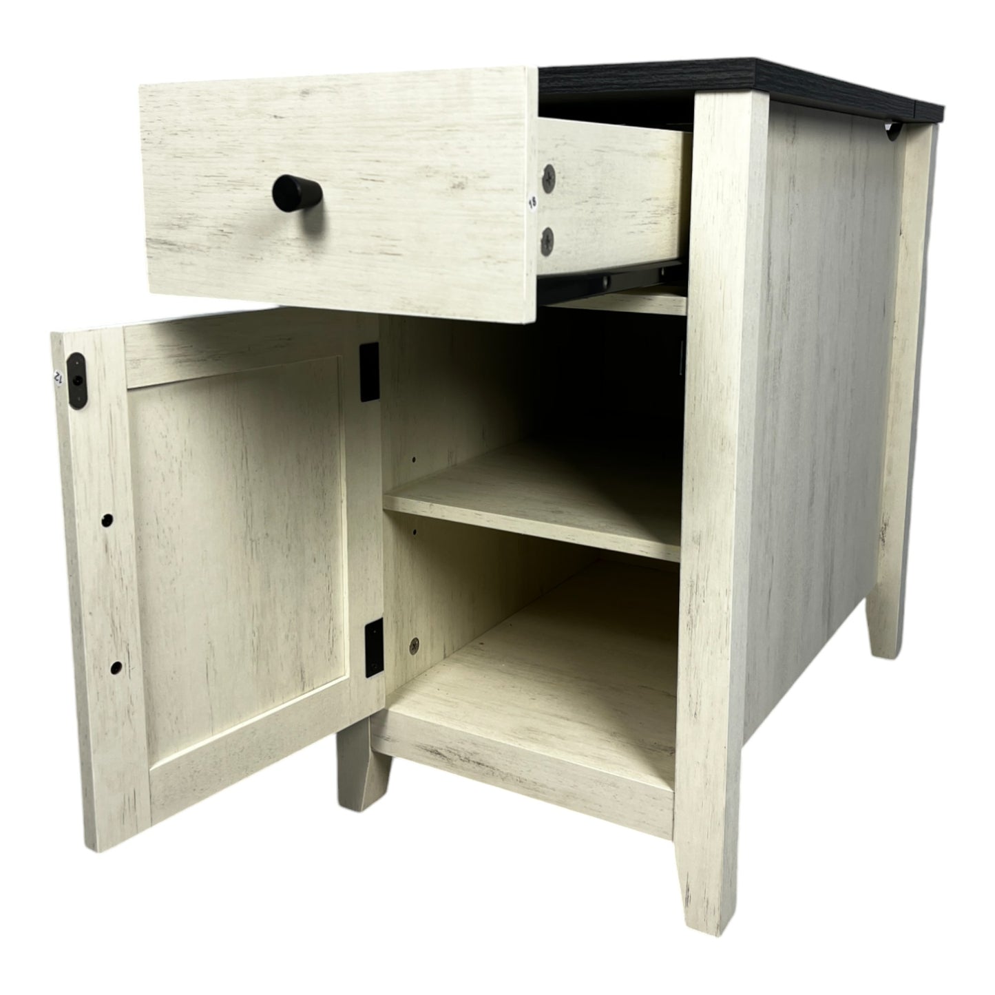 Distressed white wood end table with one open drawer and one open cabinet door