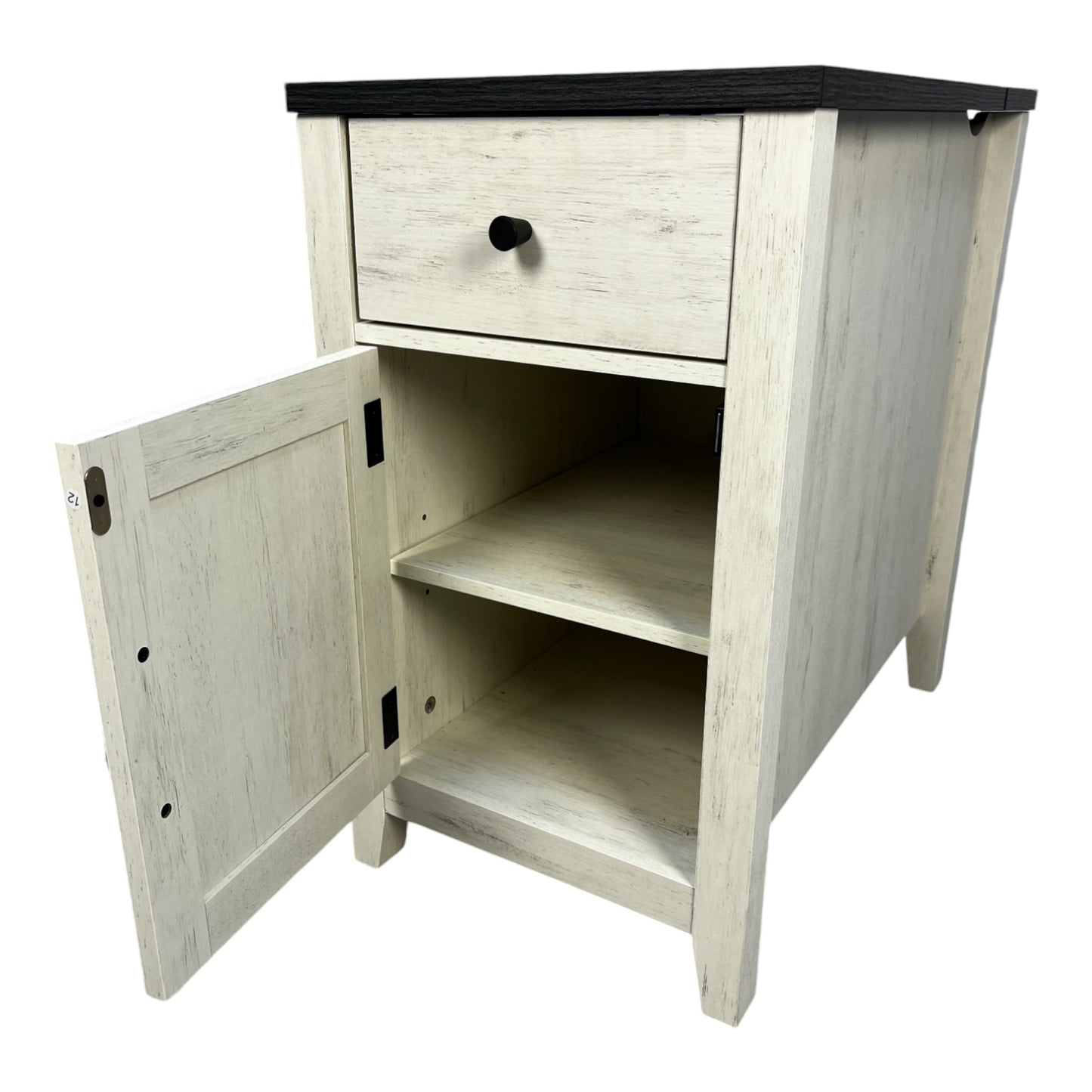 Rustic white wood nightstand with black top and one drawer