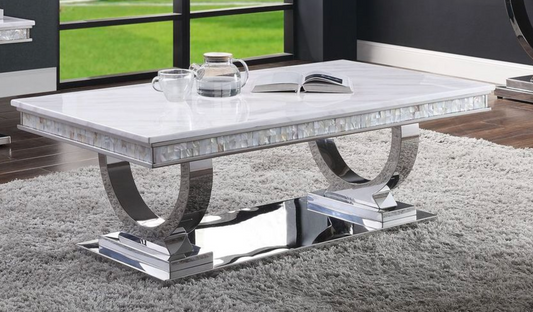 White marble coffee table with mother of pearl inlay and chrome legs