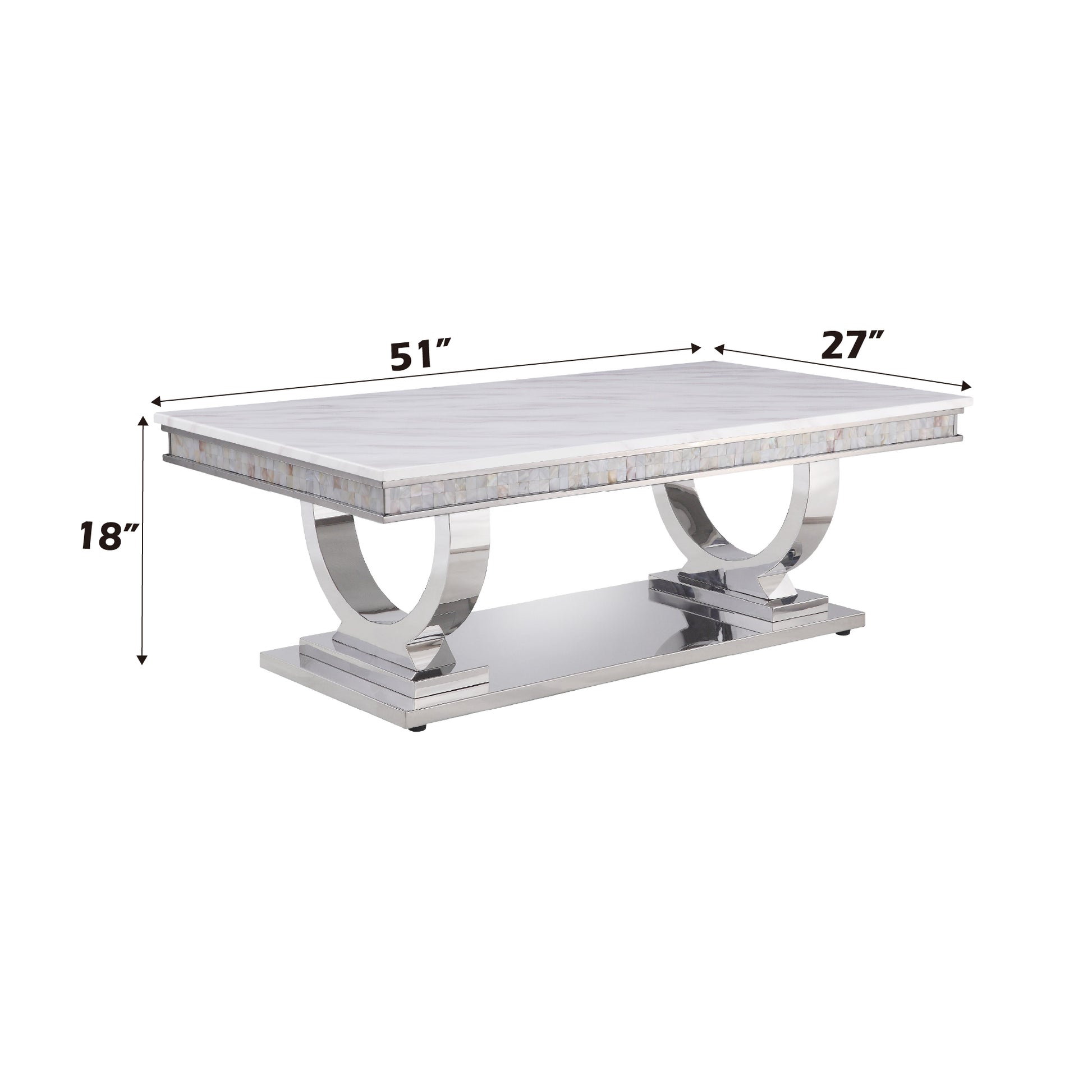 Rectangular marble coffee table with silver chrome base and mosaic inlay