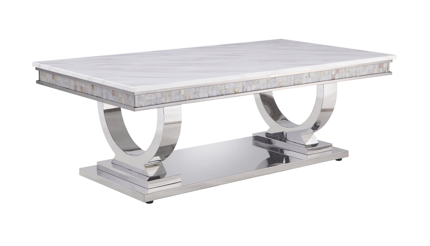 Modern rectangular coffee table with white marble top and motherofpearl inlay
