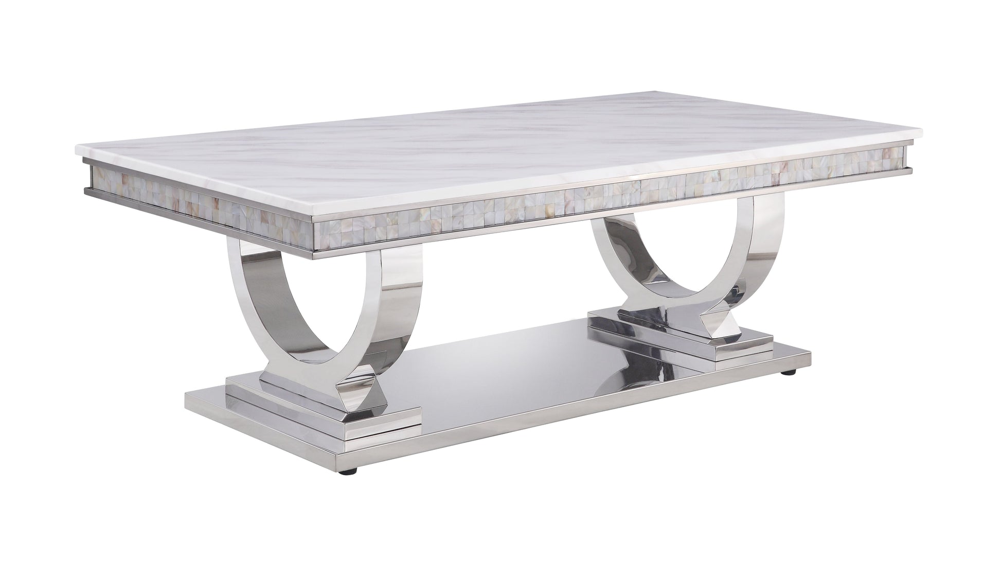 Modern rectangular coffee table with white marble top and motherofpearl inlay