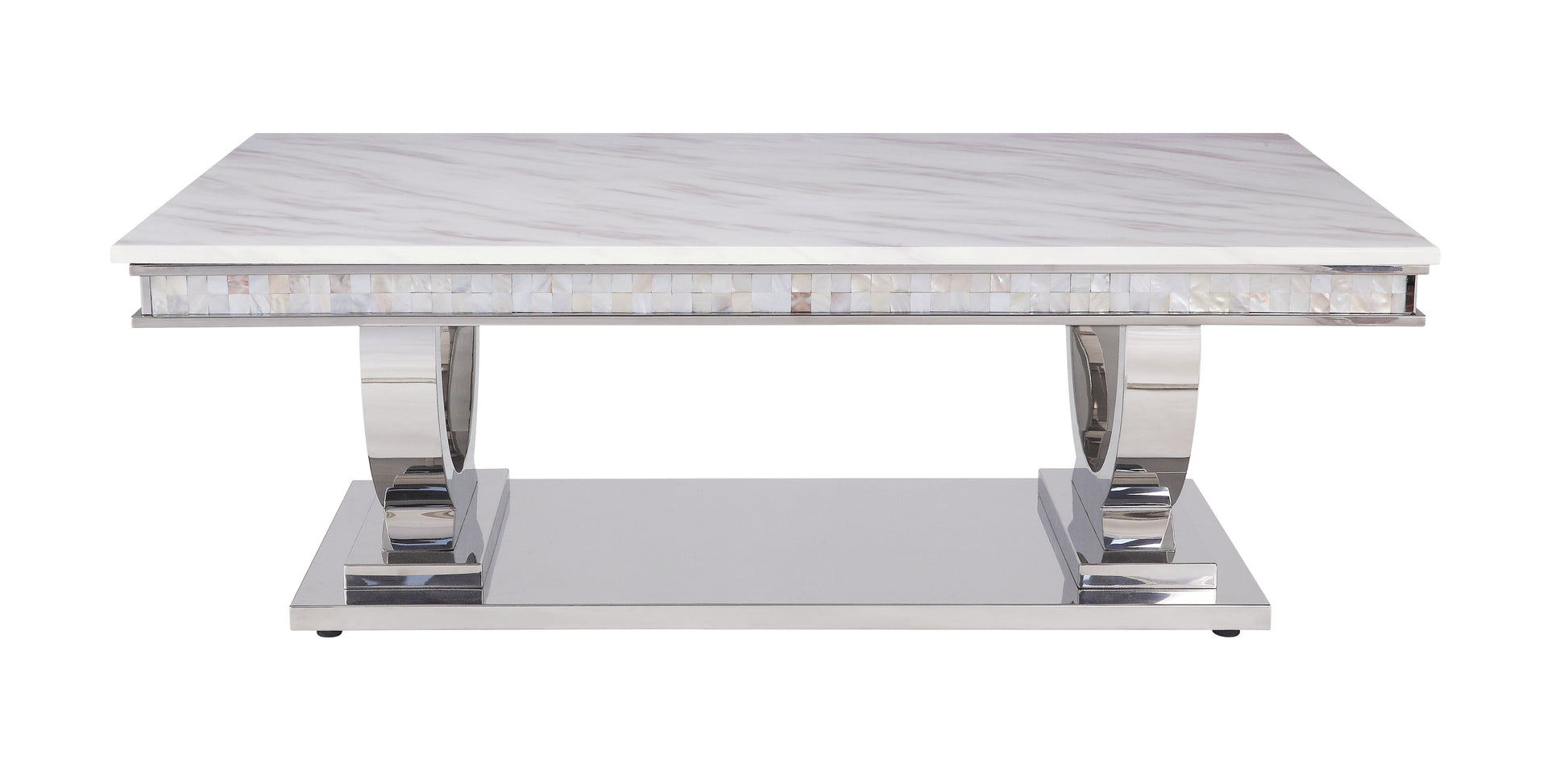 Modern square coffee table with white marble top and silver legs
