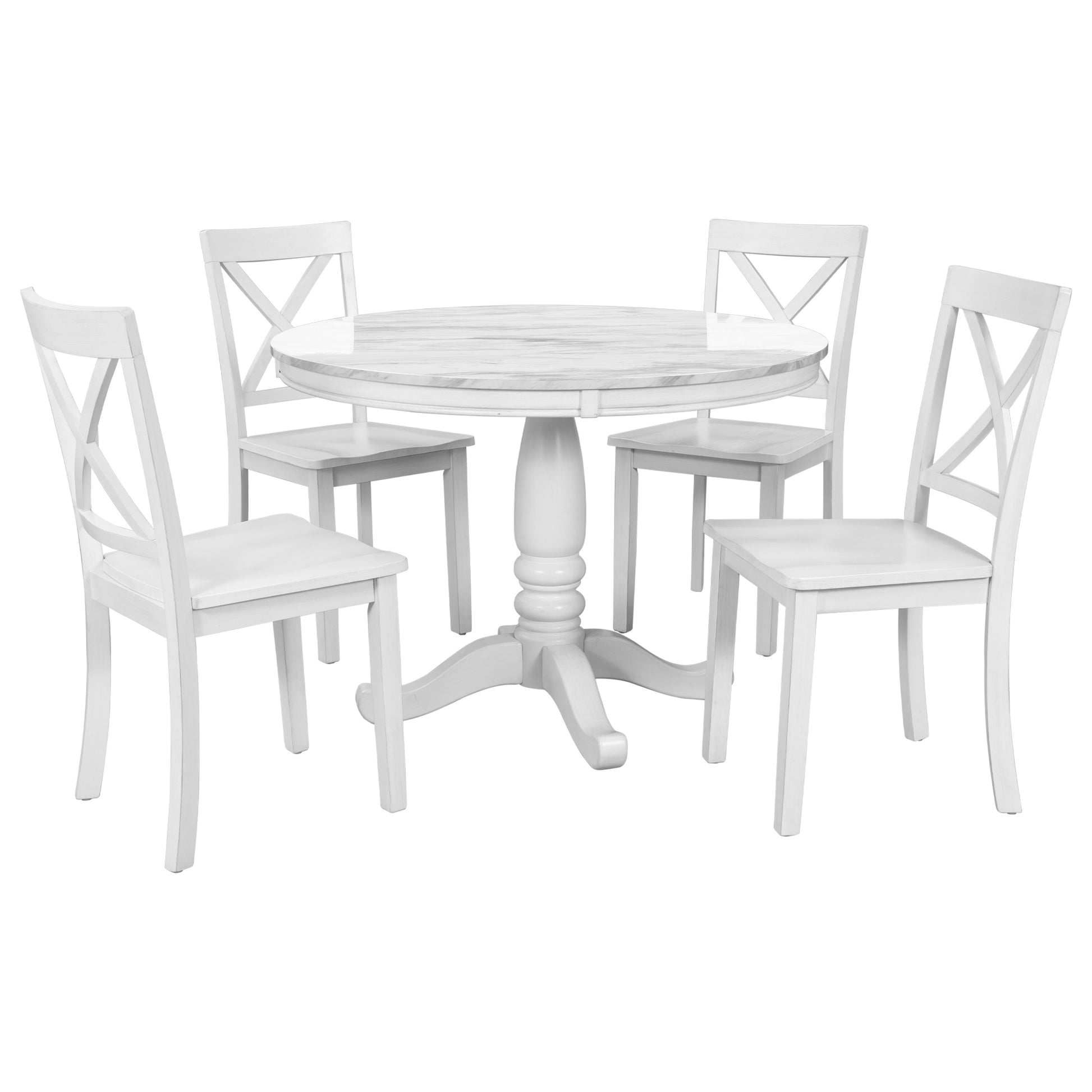 White pedestal dining table with marble top and four crossback chairs